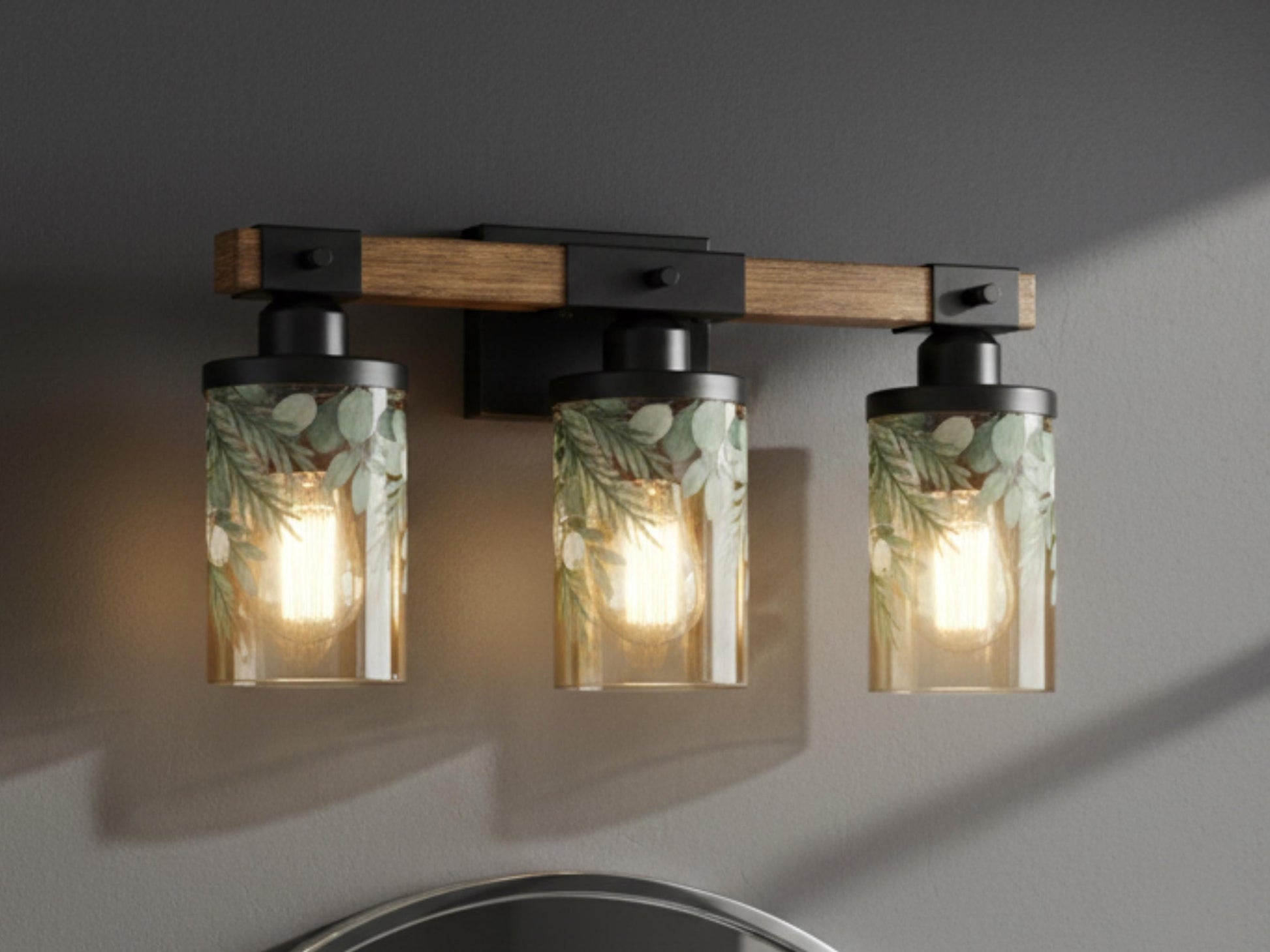 Bathroom Light Fixture Green Vanity Lighting  3-Light Decorative Metal & Glass Restroom Light Sage Greenery Pink Leaves Over Sink Decor