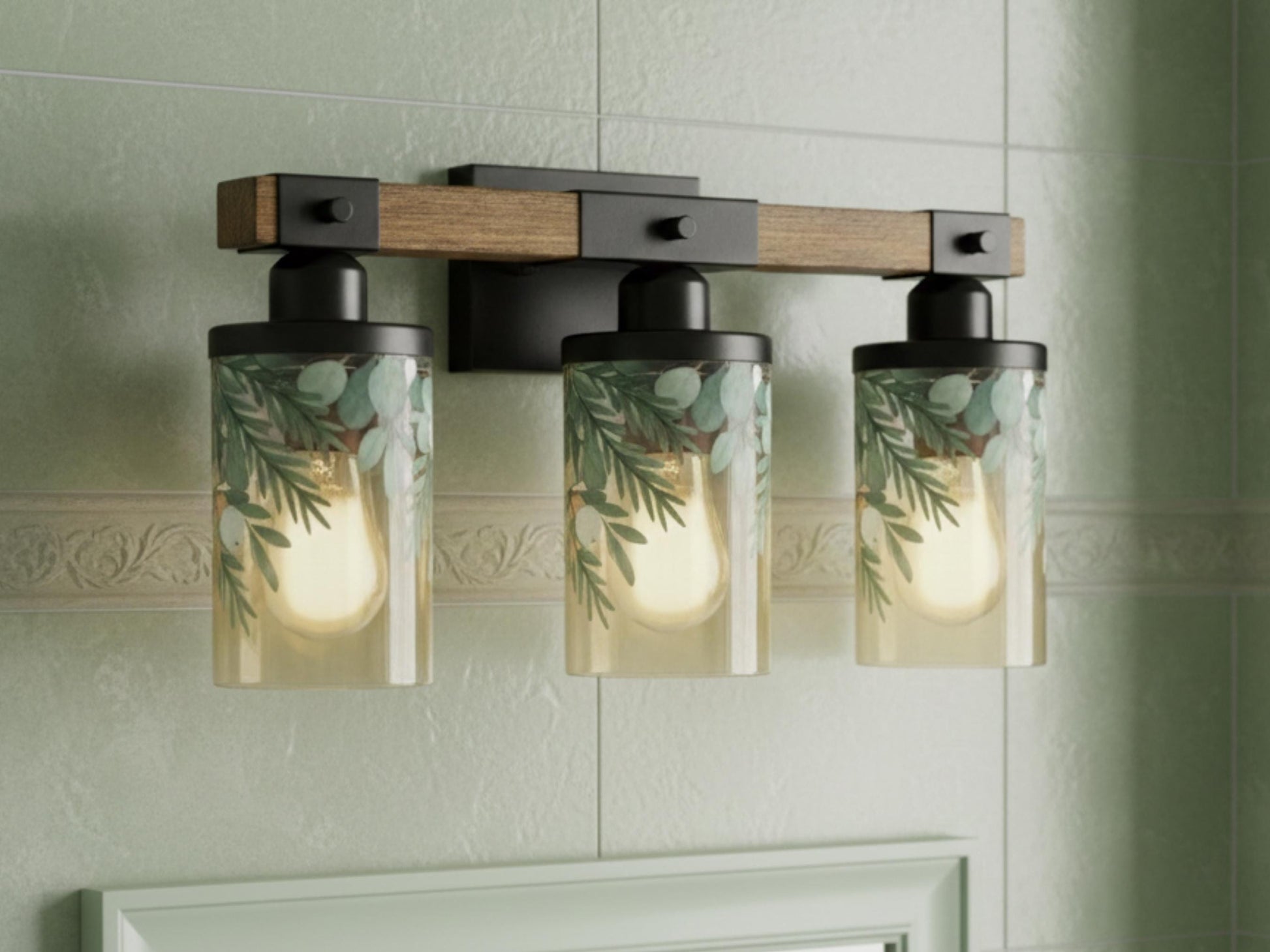 Bathroom Light Fixture Green Vanity Lighting  3-Light Decorative Metal & Glass Restroom Light Sage Greenery Pink Leaves Over Sink Decor