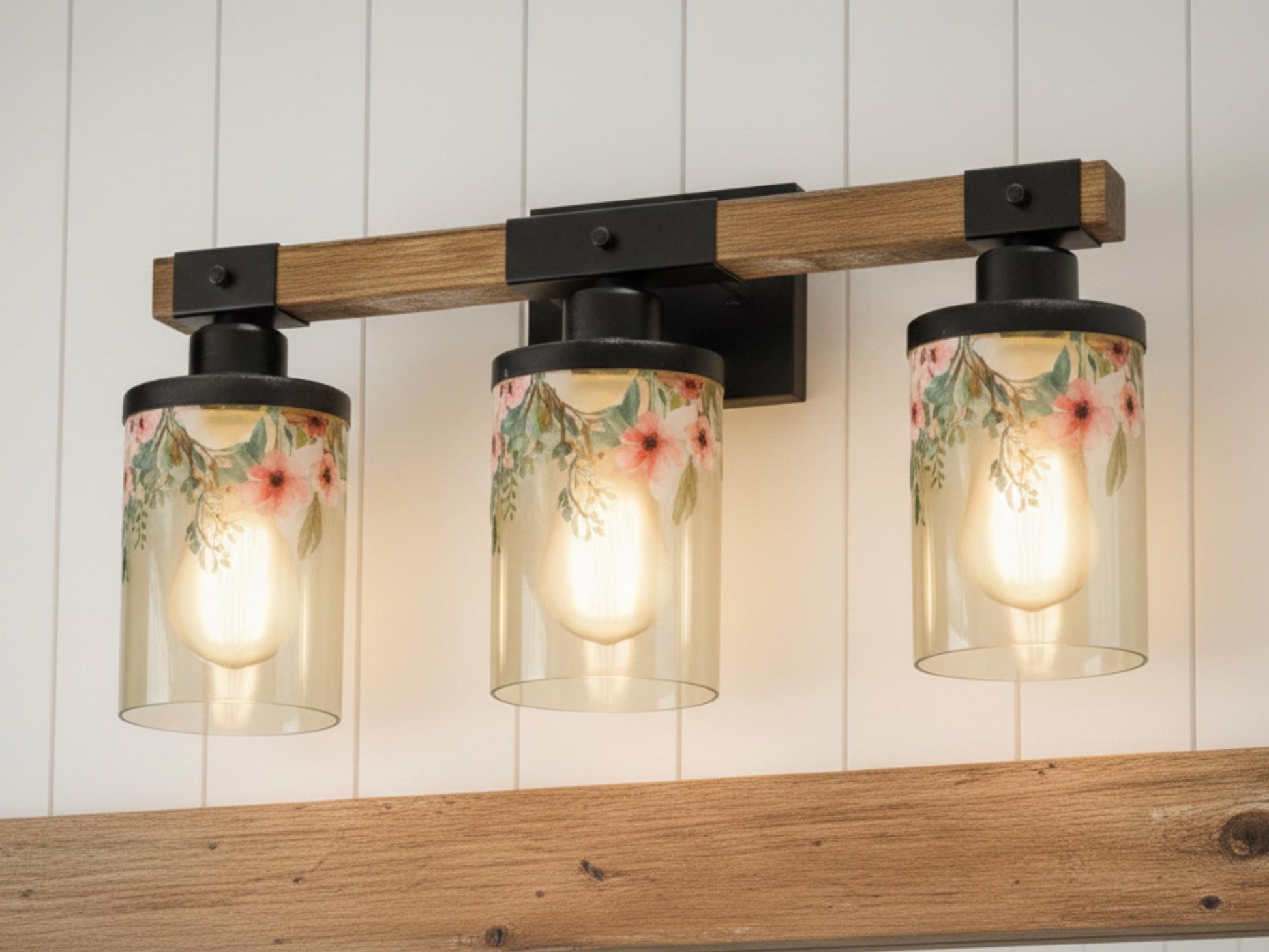 Vanity Light Fixture 3-Light Watercolor Floral Farmhouse Luxury Bathroom Lighting Flowers Metal and Glass Restroom Light Over Sink Decor