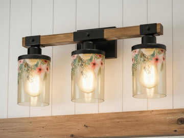 Vanity Light Fixture 3-Light Watercolor Floral Farmhouse Luxury Bathroom Lighting Flowers Metal and Glass Restroom Light Over Sink Decor