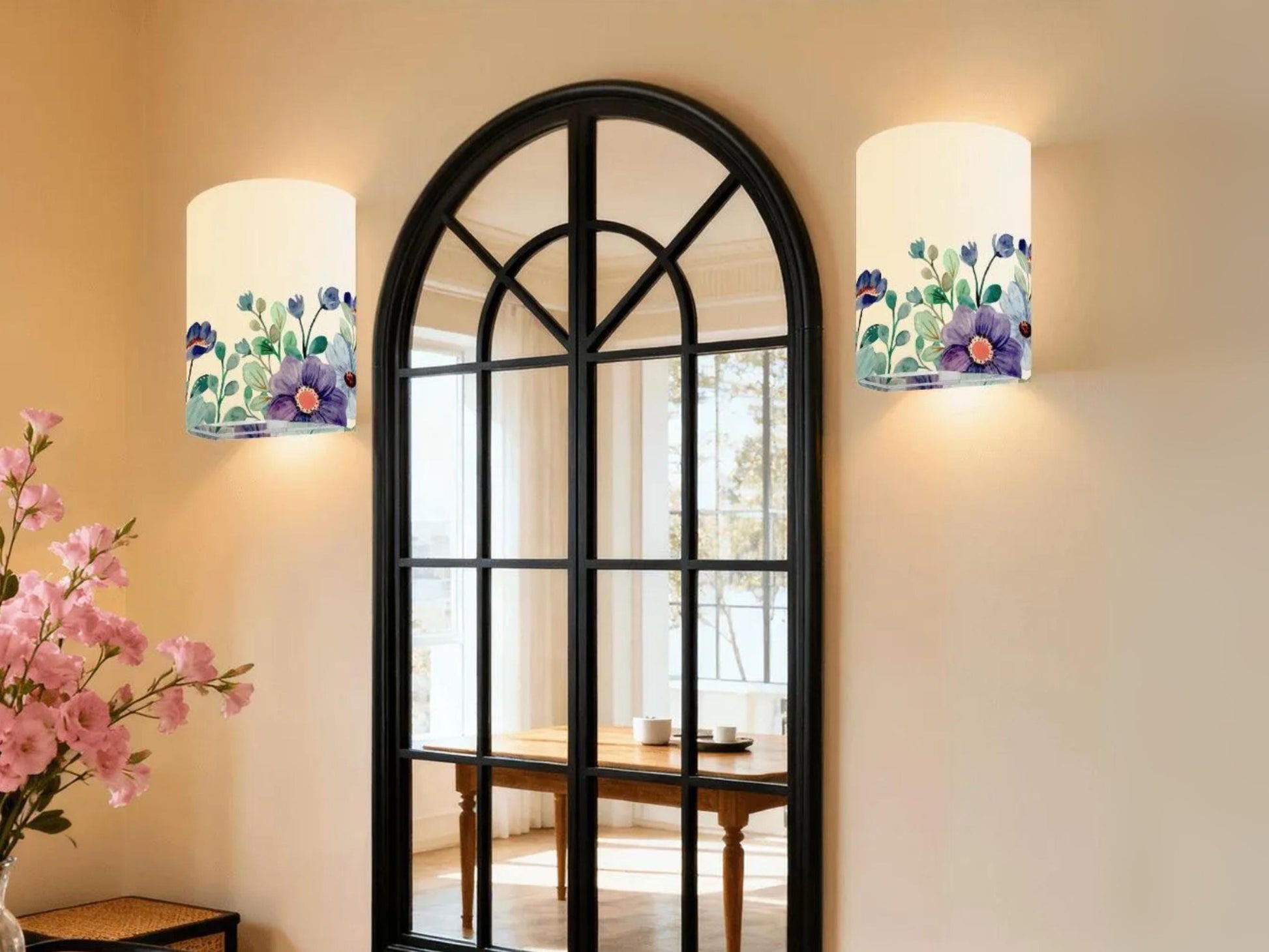 Wireless Wall Sconce Set of 2 Blue Floral Battery Operated Wall Light Decorative Indoor LED Wall Lamp Modern Farmhouse Floral Wall Lighting