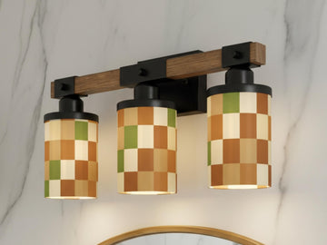 Luxury Bathroom Lighting MCM Vanity Light Fixture 3-Light Decorative Metal & Glass Restroom Light Midcentury Modern Checkers Over Sink Decor