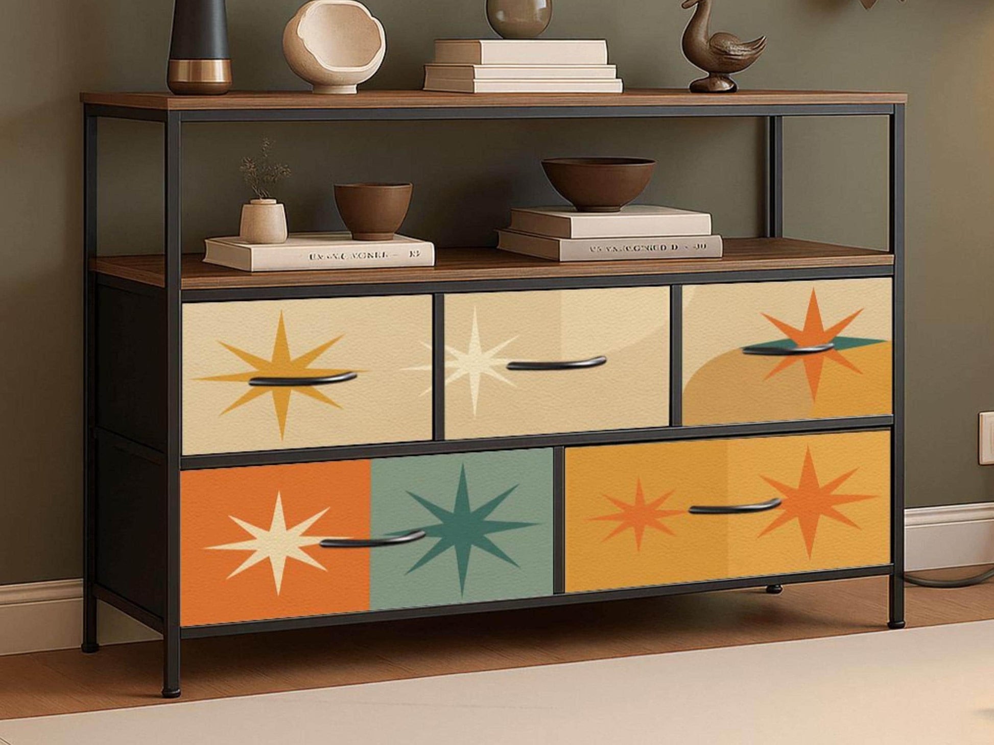 TV Stand With Drawers MCM Franciscan Starburst Decorative Fabric Drawers Bedroom Chest of Drawers Midcentury Modern Plug and Charging Port
