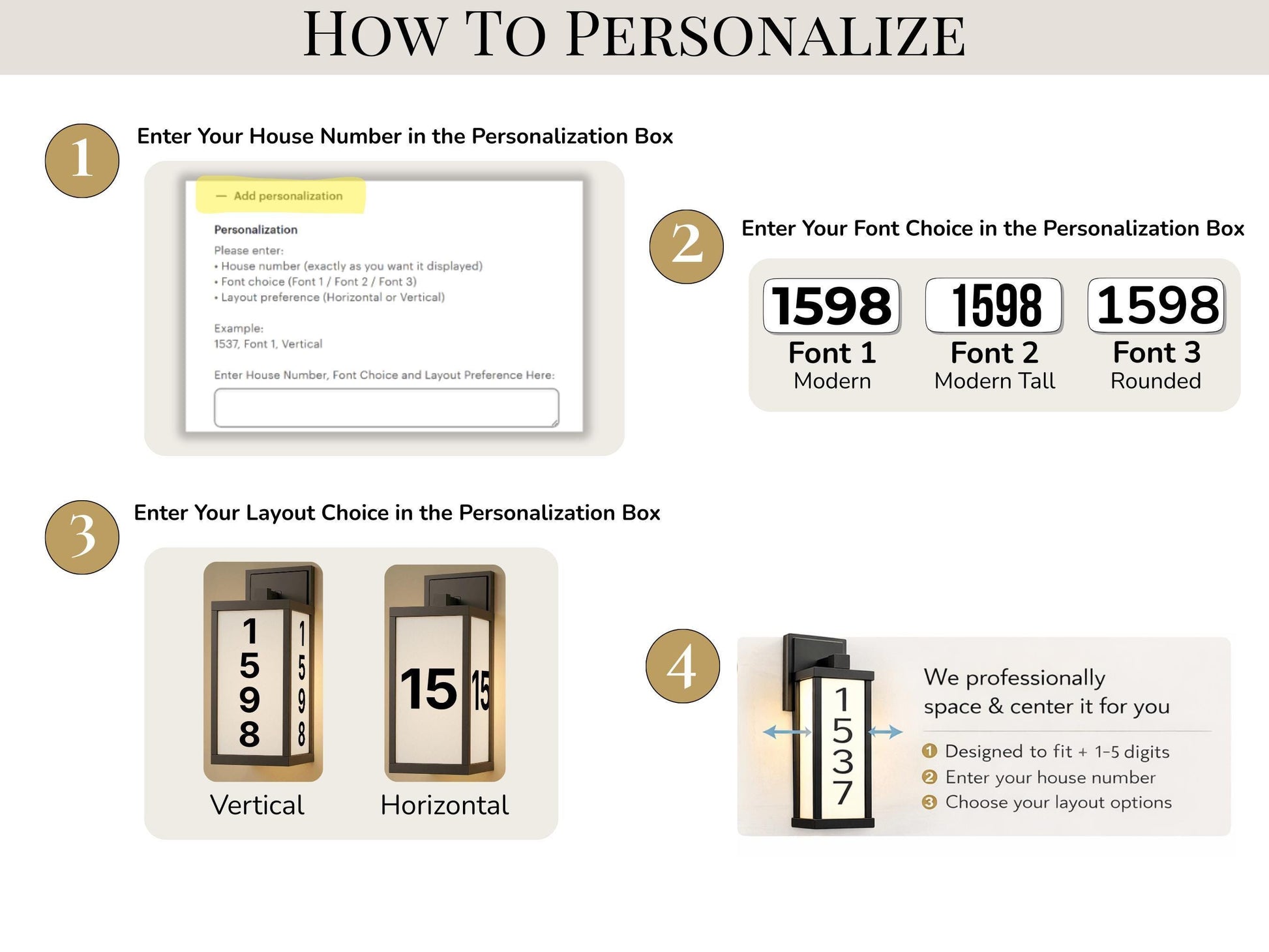 The image is a step-by-step guide on how to personalize a house number, font choice, and layout preference. It provides instructions on how to enter the house number, font choice, and layout preference in the respective boxes, and it also mentions that the company professionally designs and centers the space for the homeowner.