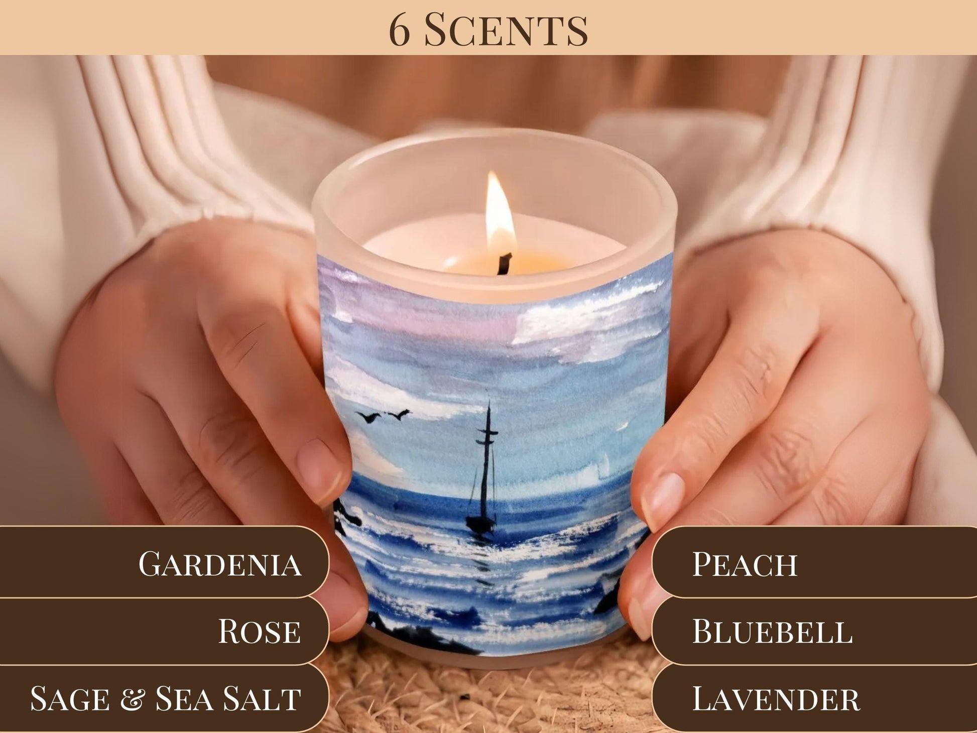 A person's hands holding a lit candle with a painting of a sailboat on the ocean, accompanied by a list of scents.