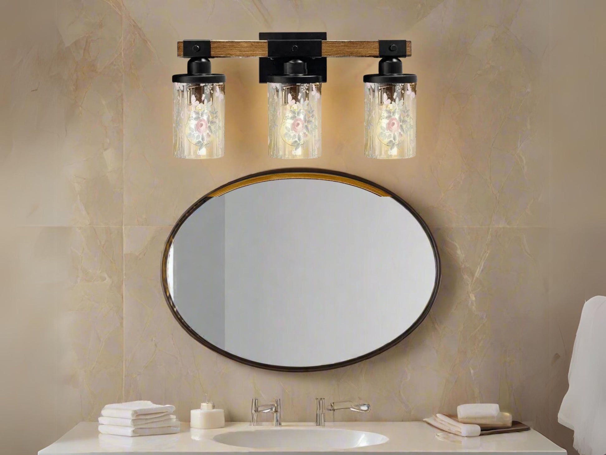 Luxury Bathroom Lighting Vanity Light Fixture 3-Light Watercolor Floral Farmhouse Roses Metal and Glass Restroom Light Over Sink Decor