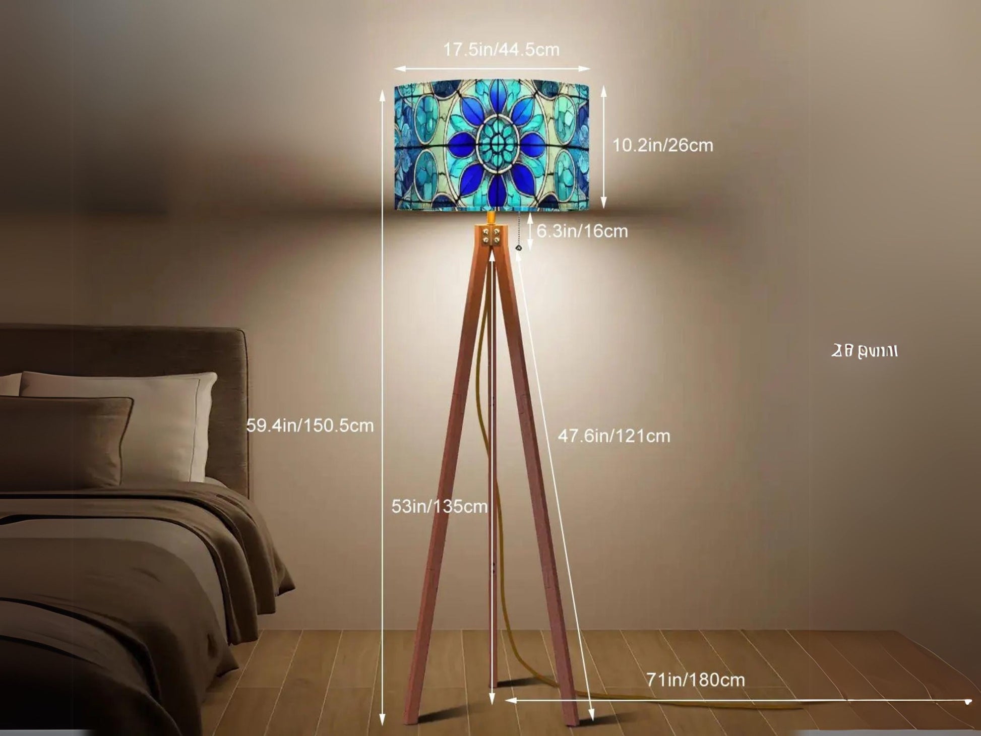 Floor Lamp Tripod Mid Century Wood Tall Lamp Linen Shade Stained Glass Effect Solid Wood Tall Lamp Housewarming Gift Living Room Decor Lamp