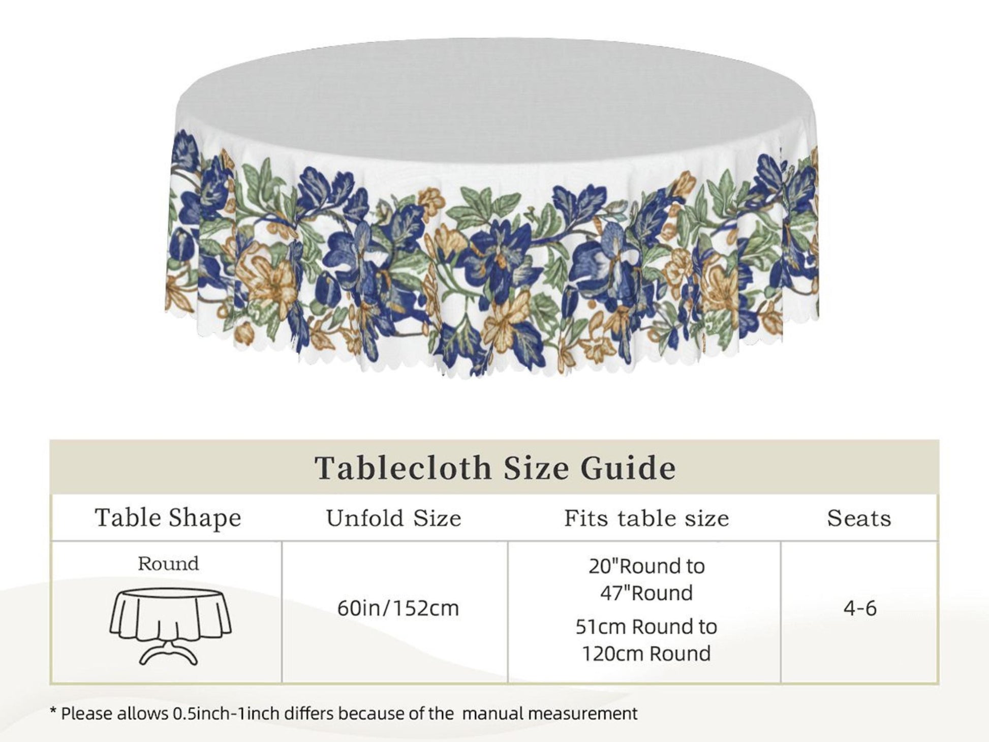 The image is a tablecloth size guide that provides information about the tablecloth's size and how it fits the table.