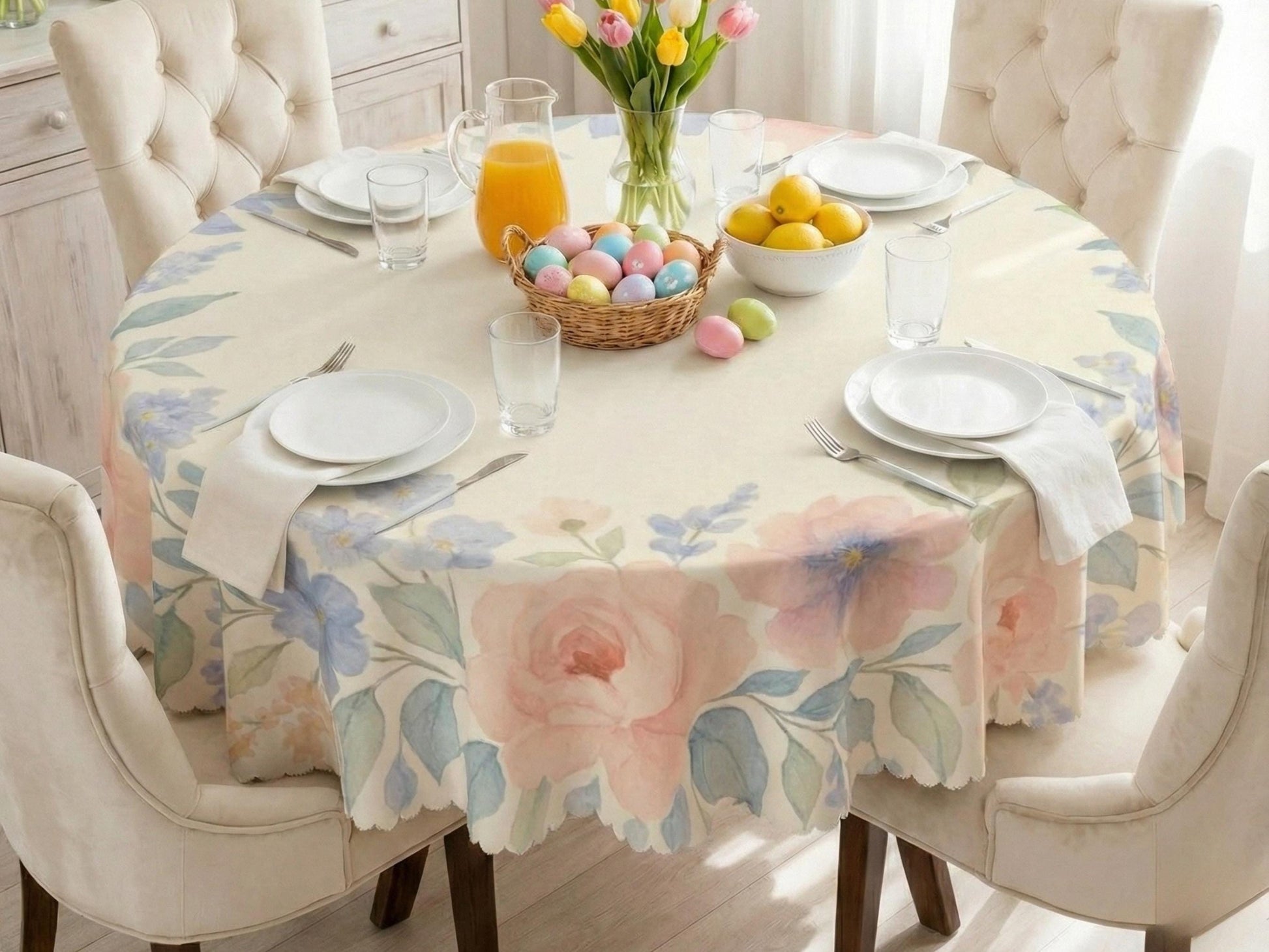 Tablecloth 60inch Spring Flowers Scalloped Edge Detail For Spring Spill-Proof Floral Washable Fabric Table Cloth For Family Dining Occasions