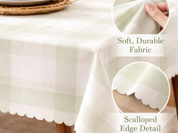 Scalloped Sage Gingham Tablecloth Hand Drawn Uneven Line Green Plaid Farmhouse Tablecloth Cottagecore Dining Table Cover Neutral Home Decor