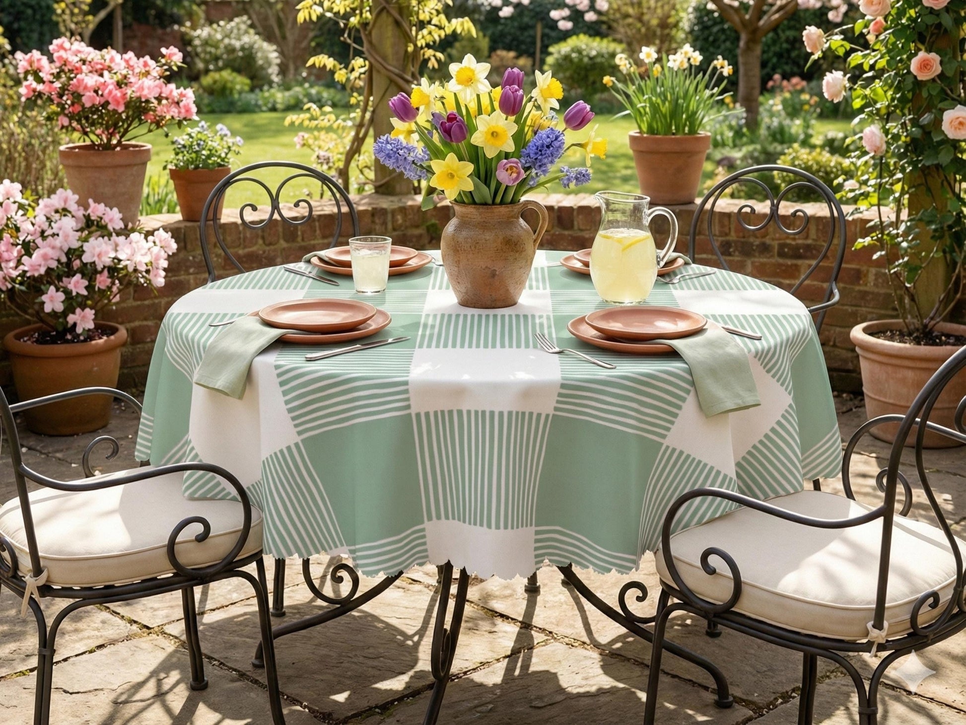 Plaid Tablecloth Green Scalloped Edge Lace Details For Spring Spill-Proof Summer Washable Fabric Table Cloth For Family Dinner Occasion