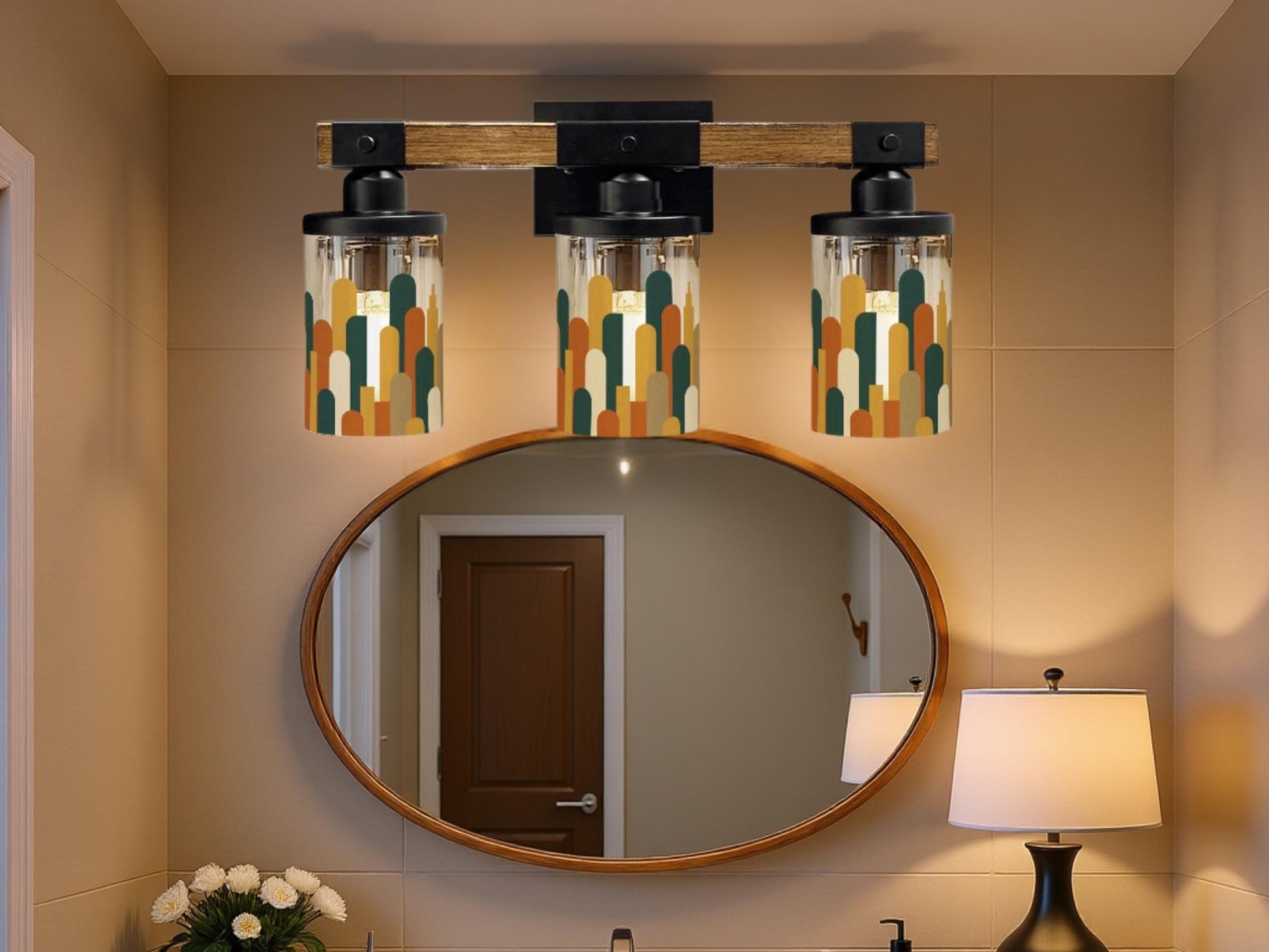 Luxury Bathroom Lighting MCM Vanity Light Fixture 3-Light Decorative Metal & Glass Restroom Light Midcentury Modern City Skyline Sink Decor