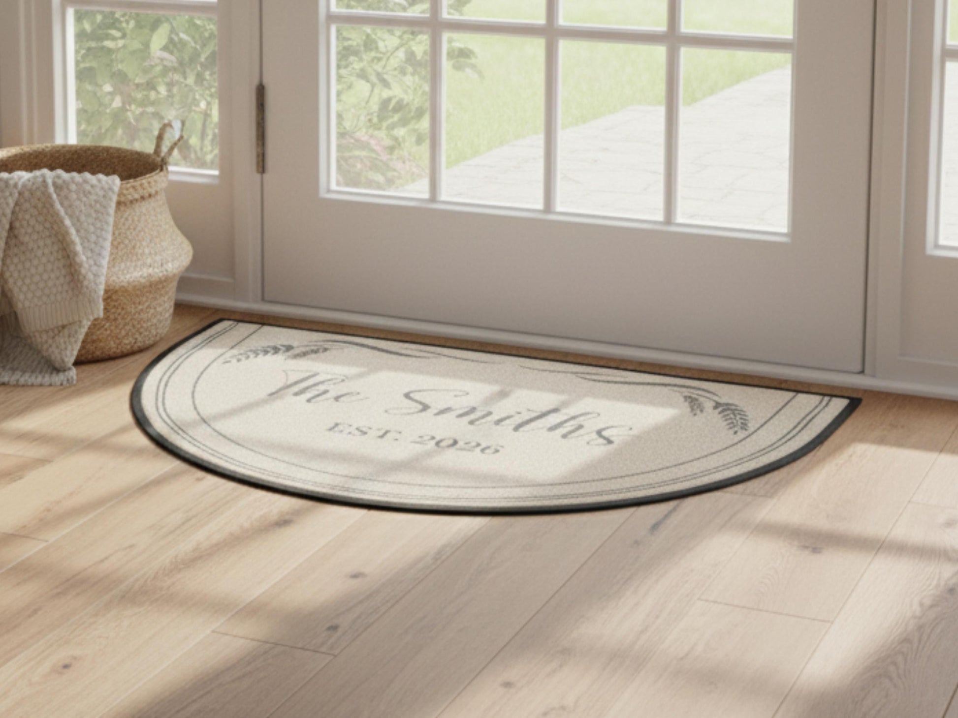 Custom Entryway Rug Welcome Mat Family Name Est Year Semi-Circle Minimalist Beige Carpet Accent Mat Rug Soft Short Pile Personalized Rug