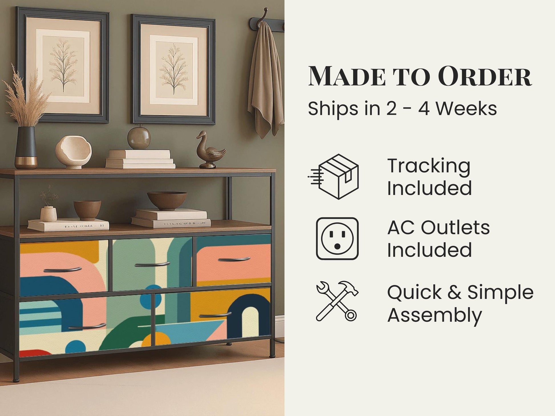 Made to Order Midcentury Modern TV Stand with Charging Station Colorful Abstract Drawer Media Console Mid Century Storage Cabinet Furniture