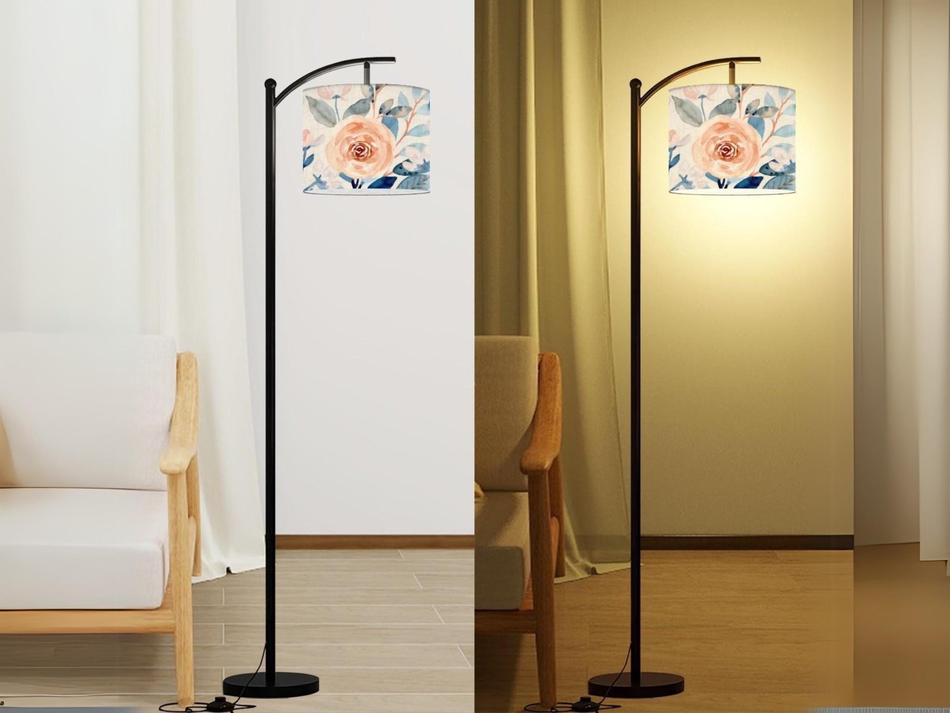 Arc Floor Lamp Modern Watercolor Roses Living Room Lamp Gift Housewarming Present Idea Floral Watercolor Bedroom Lighting Floor Lamp Gift