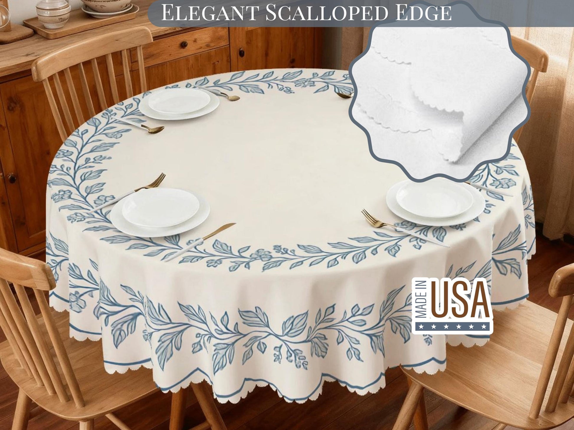 Floral Tablecloth Blue Beige Round 60in Scalloped Edge Lace Details For Dining Table Spill-Proof Beige Washable Fabric Table Cloth Dining