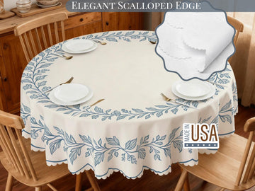 Floral Tablecloth Blue Beige Round 60in Scalloped Edge Lace Details For Dining Table Spill-Proof Beige Washable Fabric Table Cloth Dining