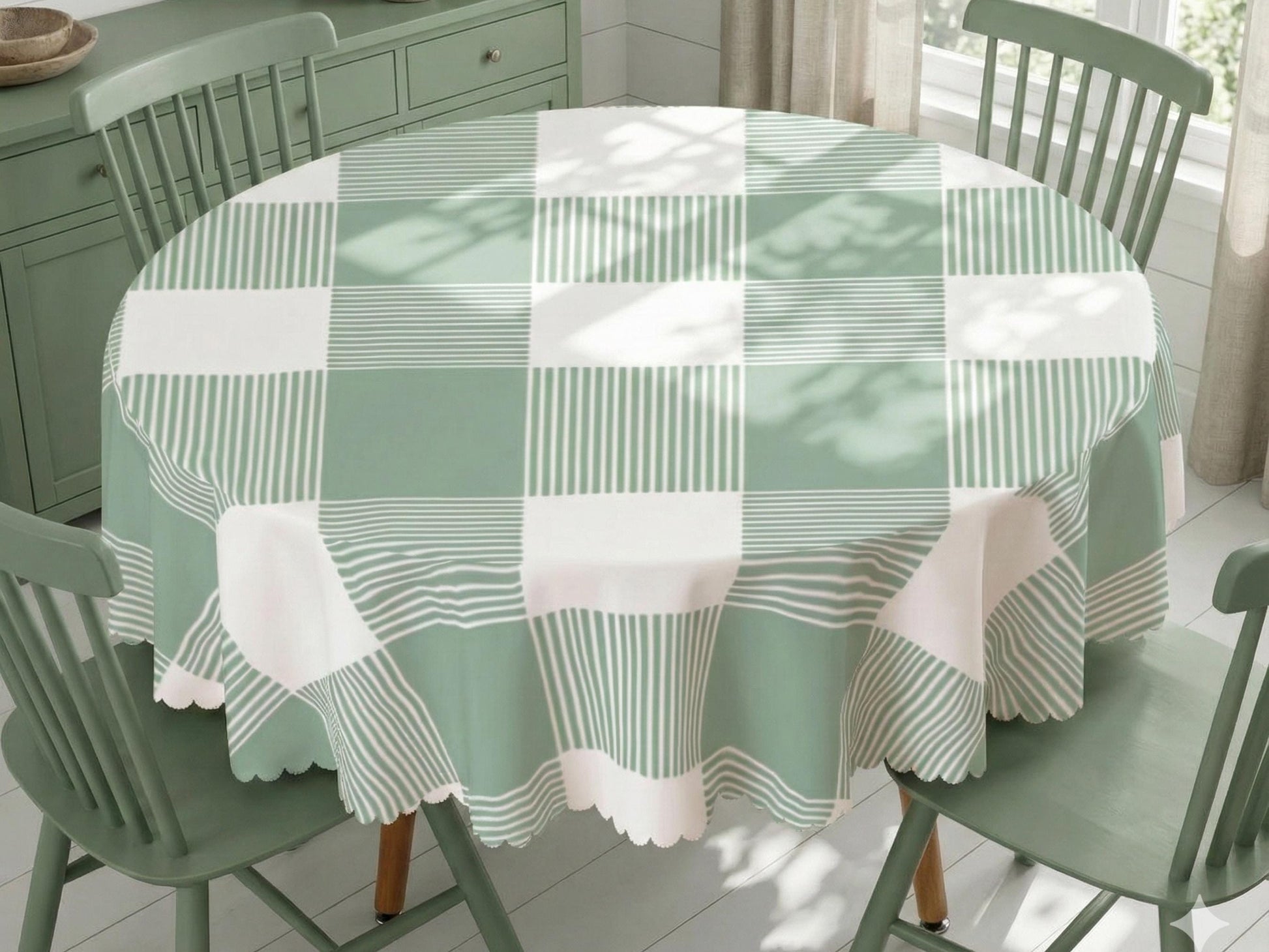 Plaid Tablecloth Green Scalloped Edge Lace Details For Spring Spill-Proof Summer Washable Fabric Table Cloth For Family Dinner Occasion