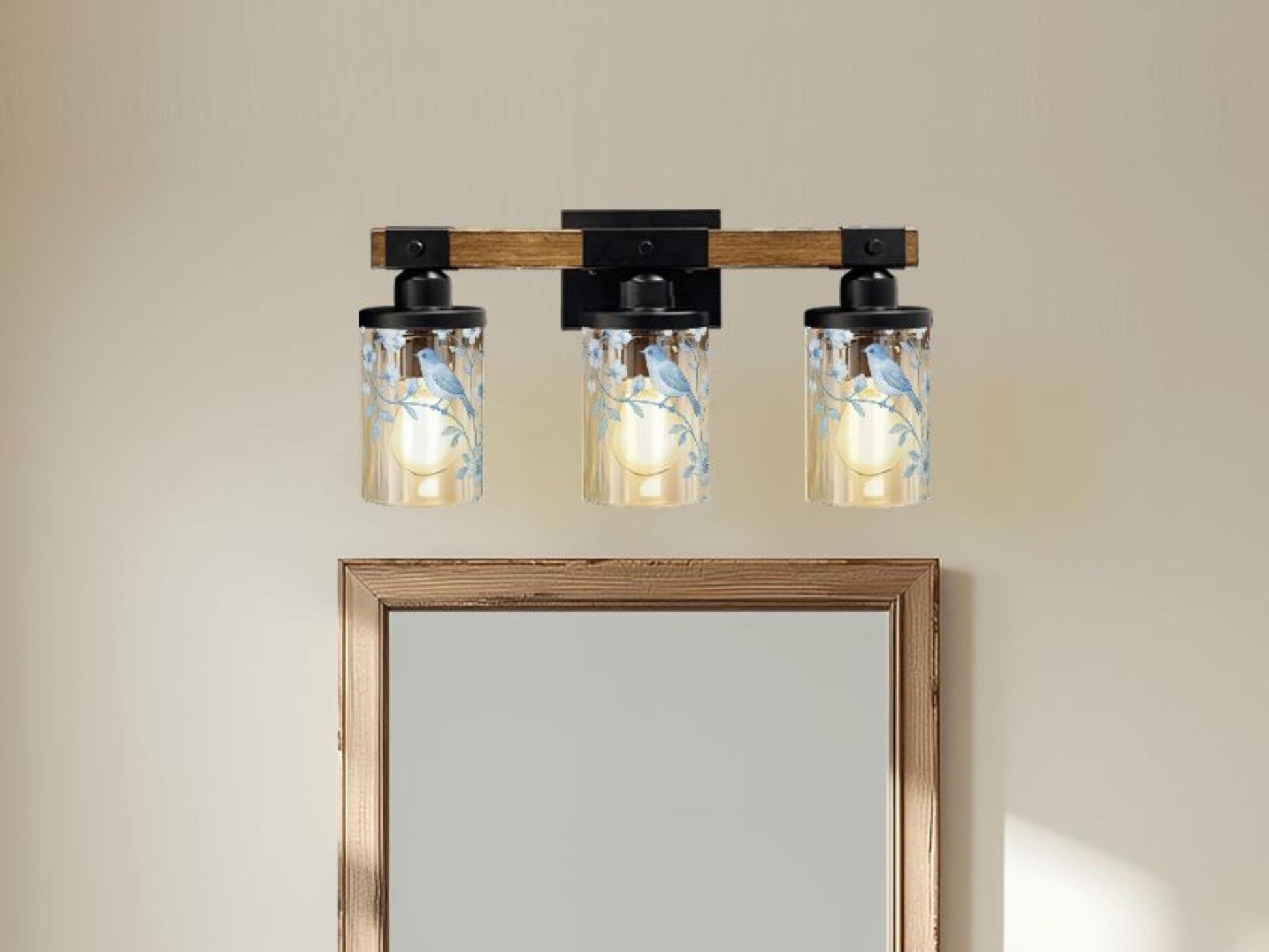 Luxury Bathroom Lighting Chinoiserie Vanity Light Fixture 3-Light Decorative Metal and Glass Restroom Light Toile Bird Light Over Sink Decor