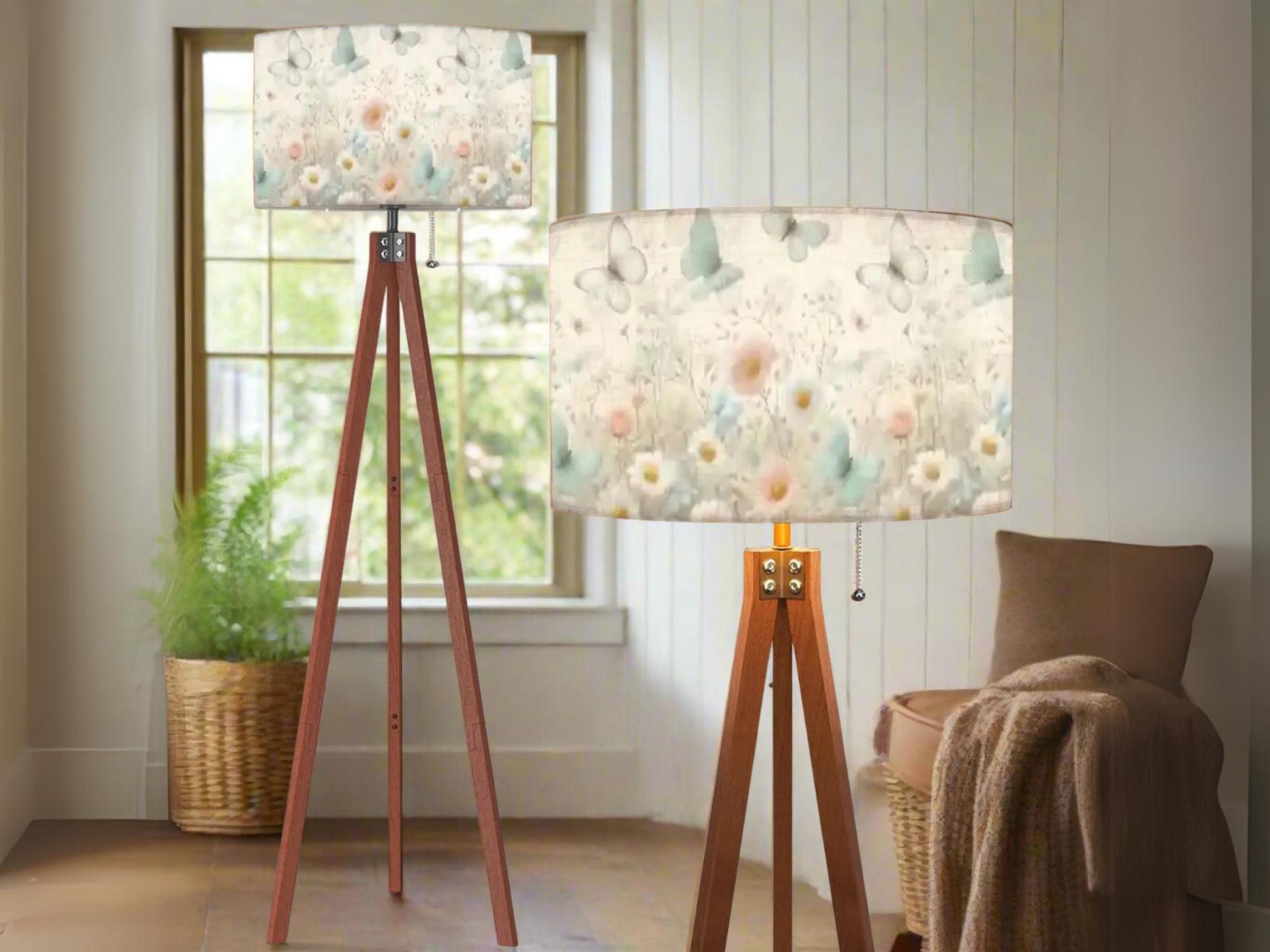 Floor Lamp Wood Tripod Tall Lamp Solid Wood Round Linen Shade Mid Century Floral Tall Lamp Housewarming Gift Living Room Lighting Decor Lamp