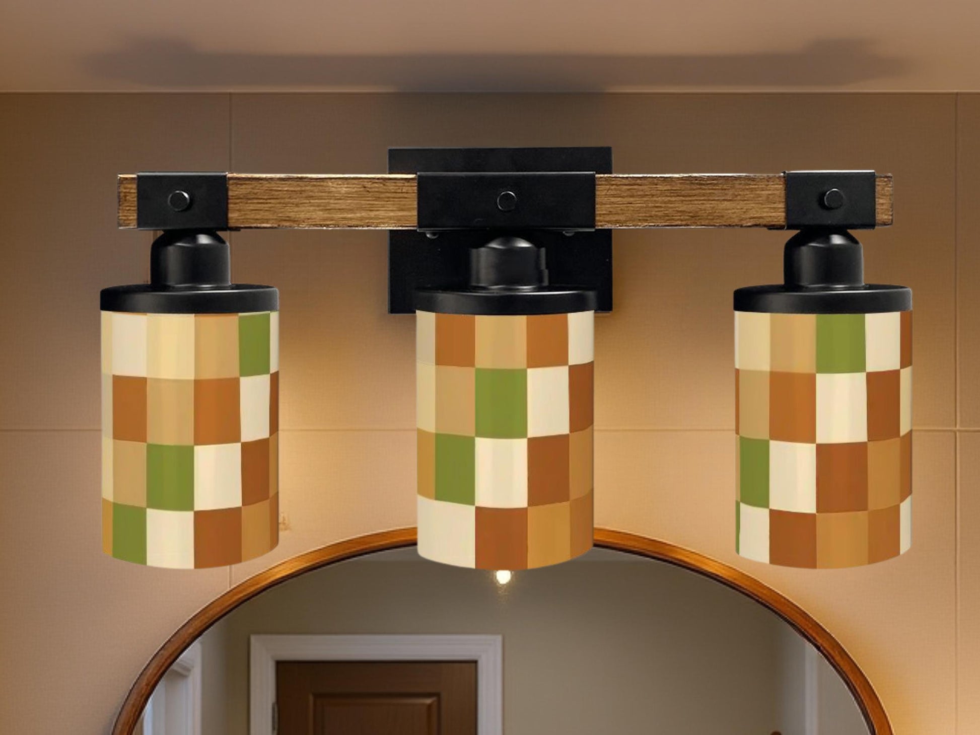 Luxury Bathroom Lighting MCM Vanity Light Fixture 3-Light Decorative Metal & Glass Restroom Light Midcentury Modern Checkers Over Sink Decor