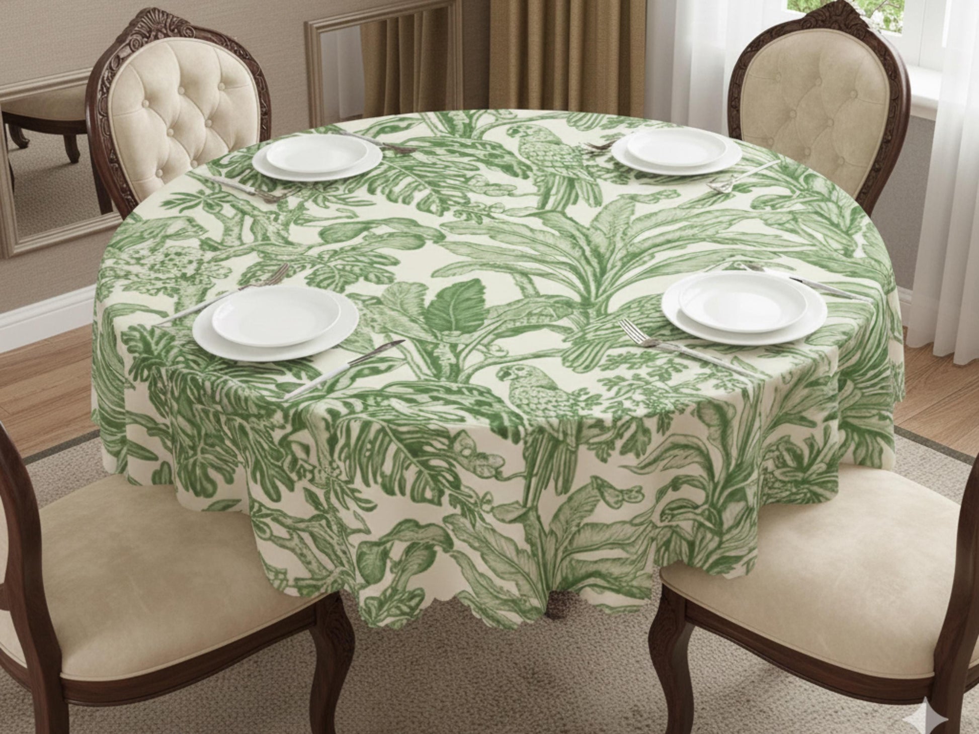 Toile Green Tropical Tablecloth With Scalloped Edge Lace Details For Dining Table Spill-Proof Spring Washable Table Cloth Elegant Setting