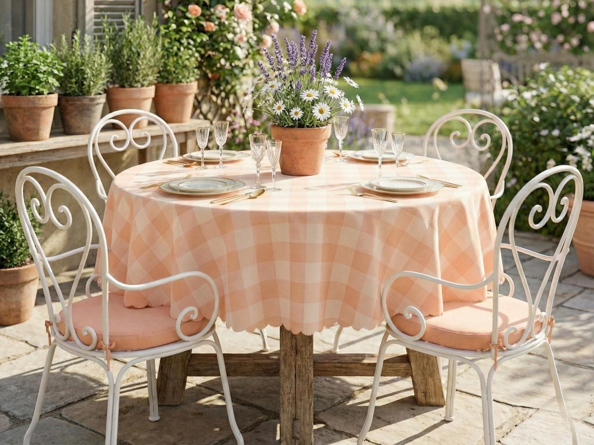Plaid Tablecloth Peach Pink Scalloped Edge Lace Details For Spring Spill-Proof Summer Washable Fabric Table Cloth For Family Dinner Occasion