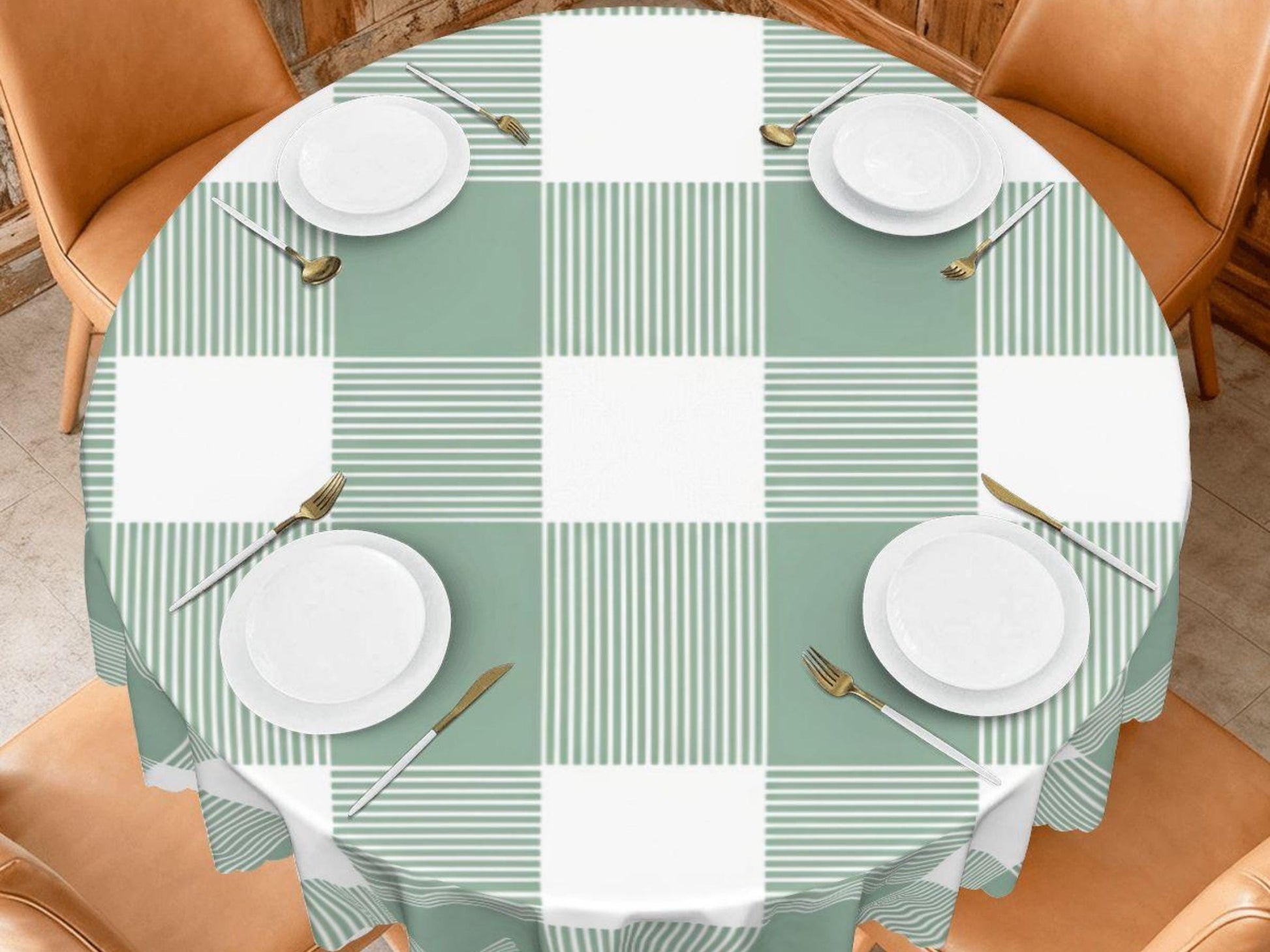 Plaid Tablecloth Green Scalloped Edge Lace Details For Spring Spill-Proof Summer Washable Fabric Table Cloth For Family Dinner Occasion