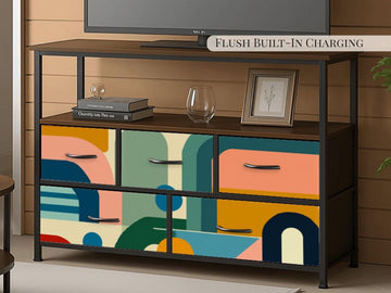 Made to Order Midcentury Modern TV Stand with Charging Station Colorful Abstract Drawer Media Console Mid Century Storage Cabinet Furniture