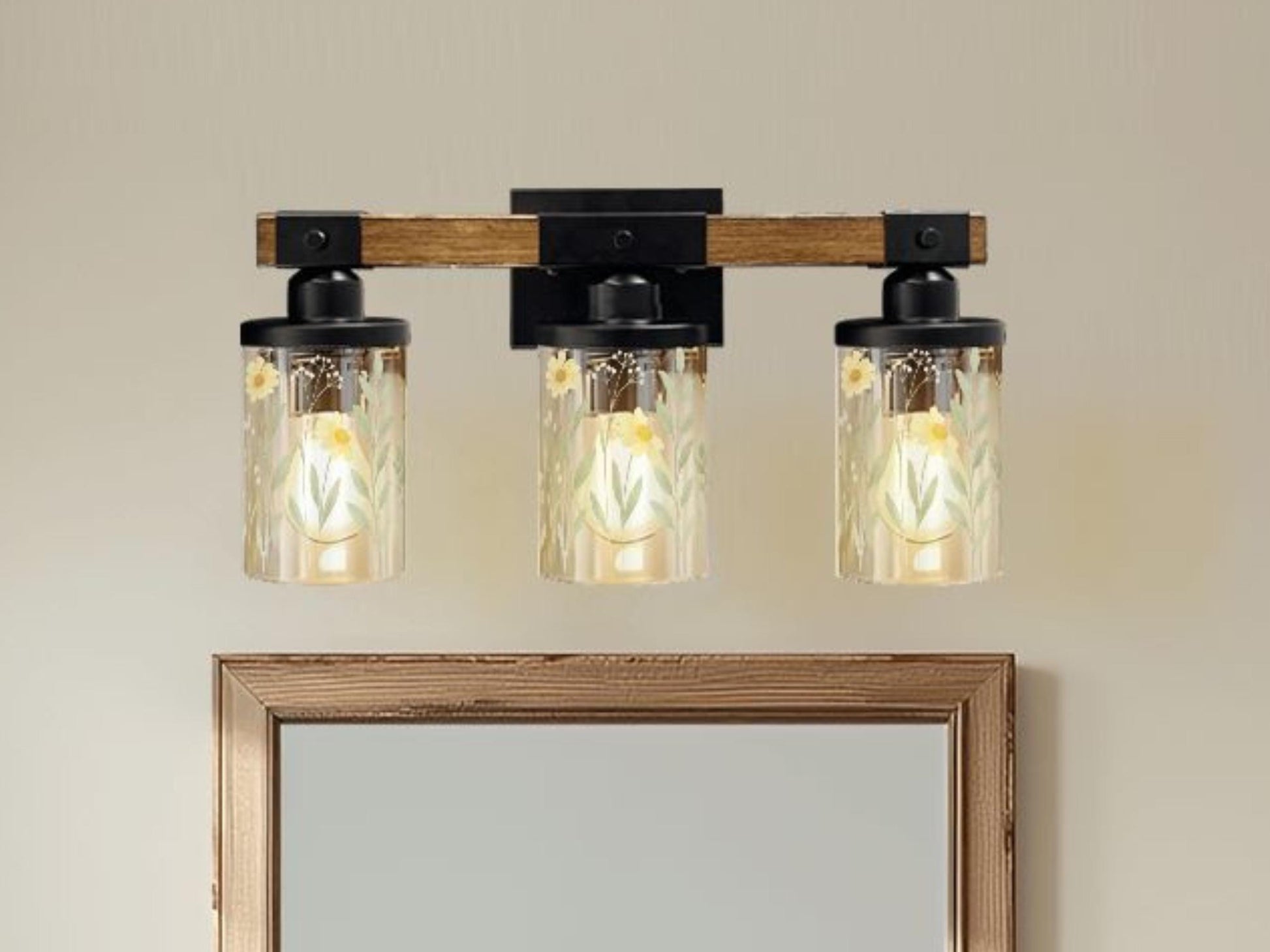 Luxury Bathroom Lighting Yellow Floral Vanity Light Fixture 3-Light Decorative Metal and Glass Restroom Light Garden Flower Over Sink Decor