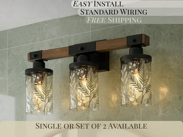 Nature Inspired Bathroom Light Fixture 3-Light Decorative Green Metal & Glass Restroom Lighting Sage Greenery Botanical Over Sink Decor