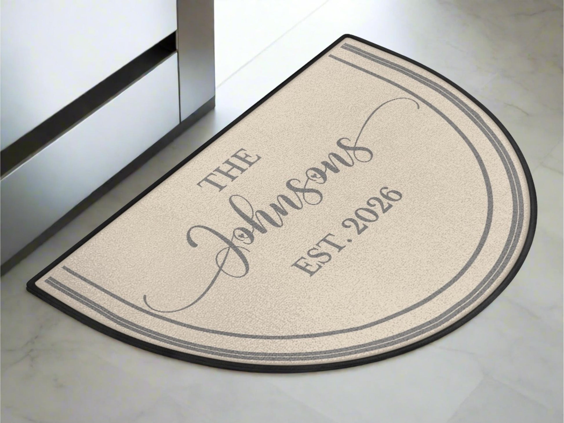 Welcome Mat Custom Entryway Rug Family Name Est Year Semi-Circle Minimalist Beige Carpet Accent Mat Rug Soft Short Pile Personalized Rug
