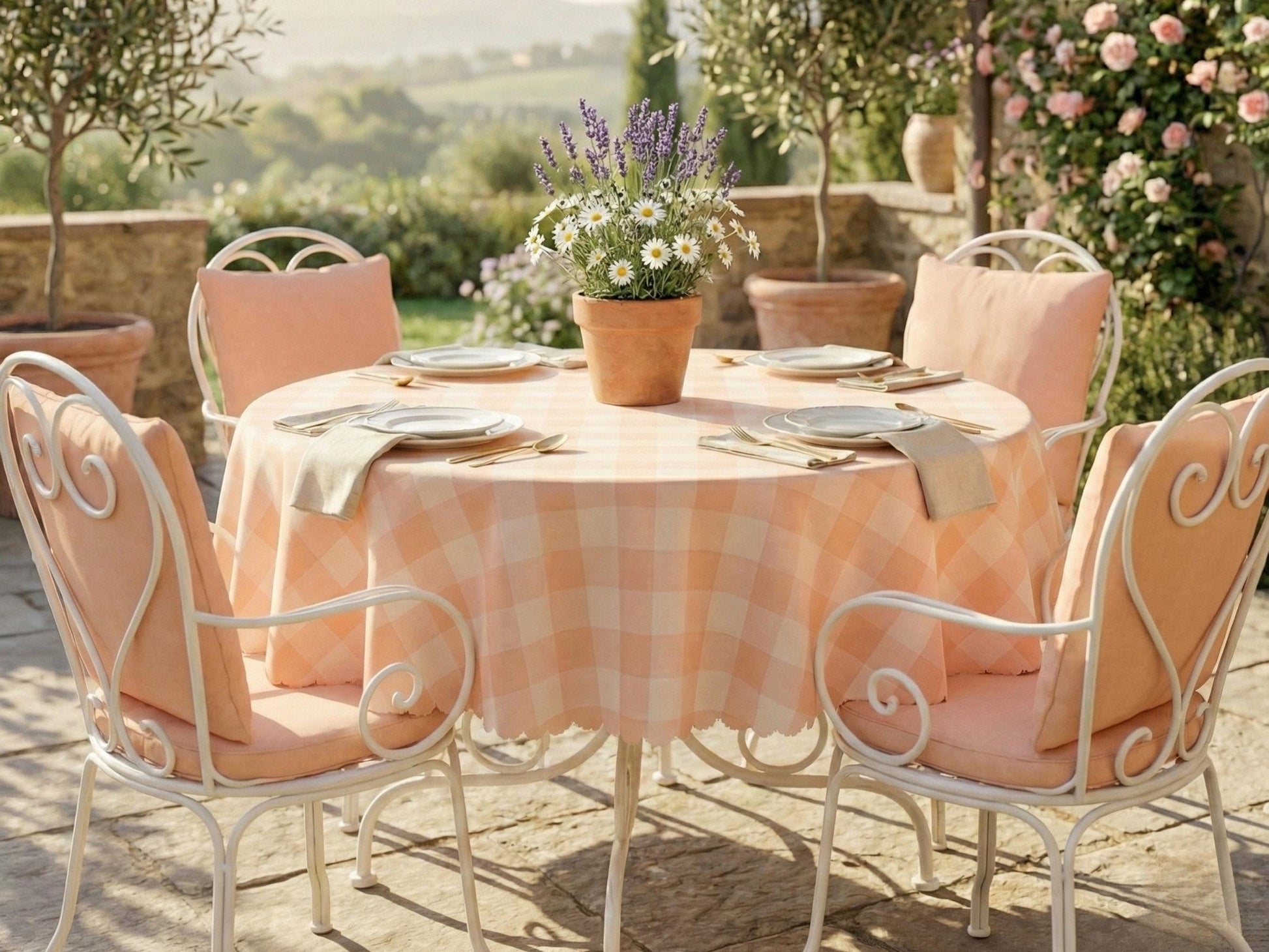Plaid Tablecloth Peach Pink Scalloped Edge Lace Details For Spring Spill-Proof Summer Washable Fabric Table Cloth For Family Dinner Occasion