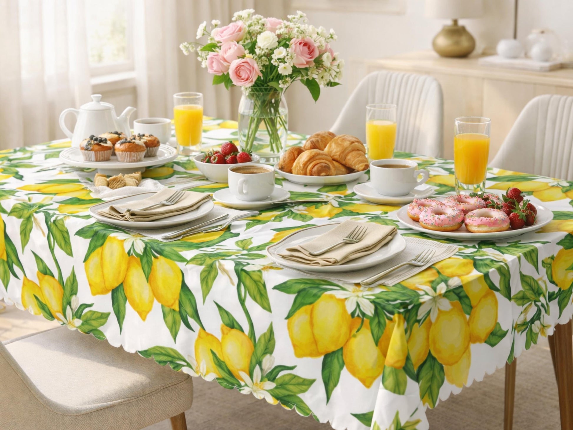 Tablecloth Lemon Rectangle With Scalloped Edge Lace Detail Springtime Spill-Proof Washable Fabric Lemons Table Cloth For Family Dining