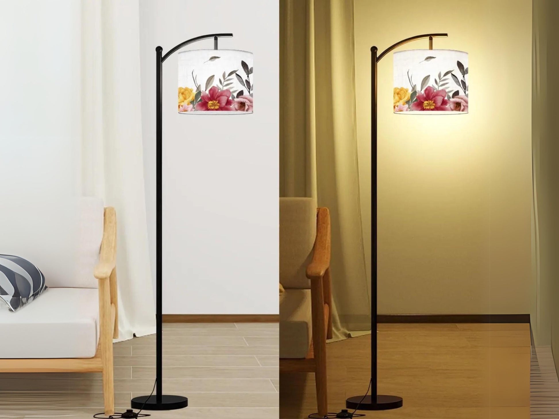 Modern Arc Floor Lamp Watercolor Floral Housewarming Present Idea Living Room Lamp Gift Wildflowers Design Bedroom Lighting Floor Lamp Gift