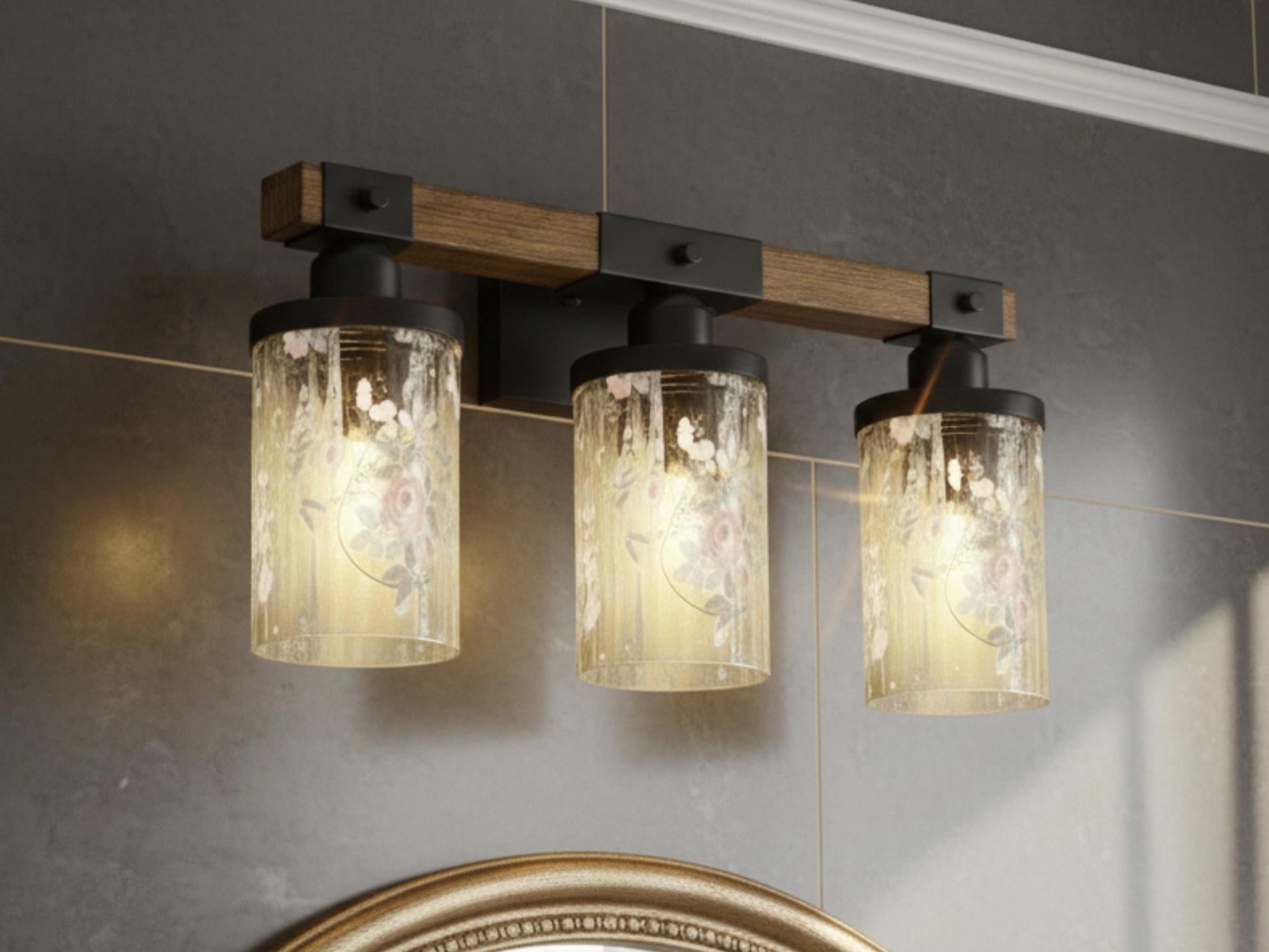 Luxury Bathroom Lighting Vanity Light Fixture 3-Light Watercolor Floral Farmhouse Roses Metal and Glass Restroom Light Over Sink Decor