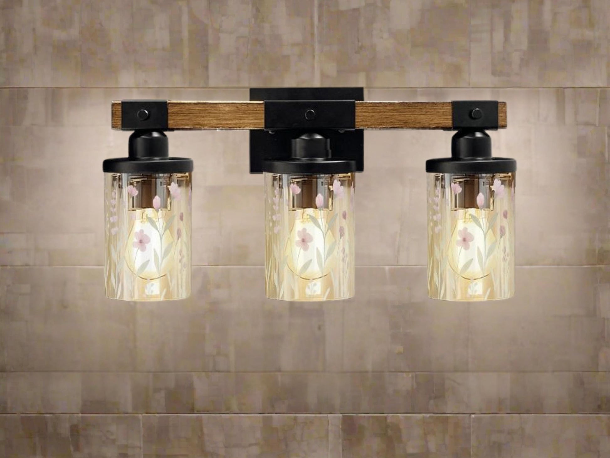 Luxury Bathroom Vanity Light Fixture 3-Light Watercolor Spring Floral Farmhouse Pink Flowers Metal and Glass Restroom Light Over Sink Decor