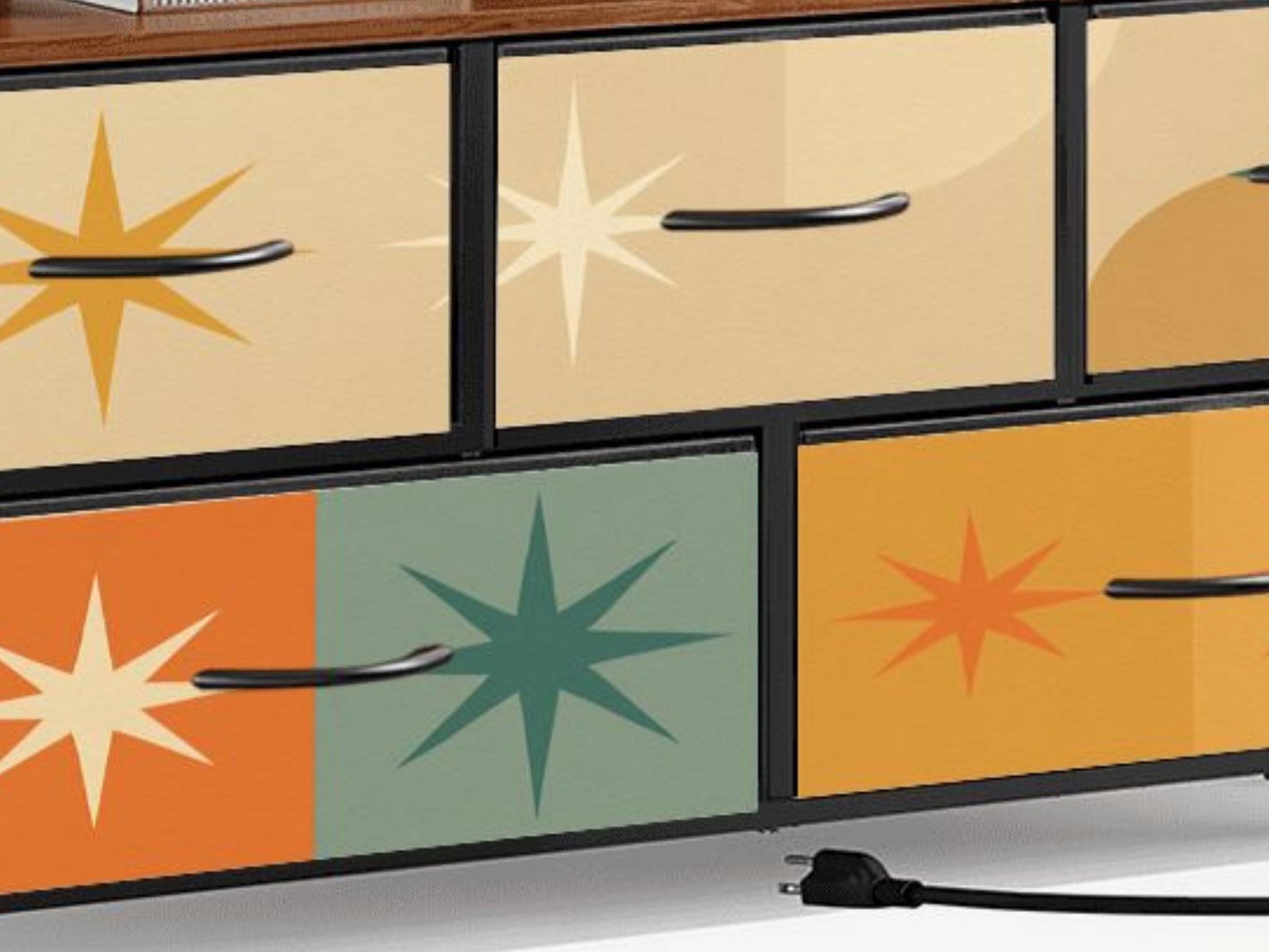 TV Stand With Drawers MCM Franciscan Starburst Decorative Fabric Drawers Bedroom Chest of Drawers Midcentury Modern Plug and Charging Port