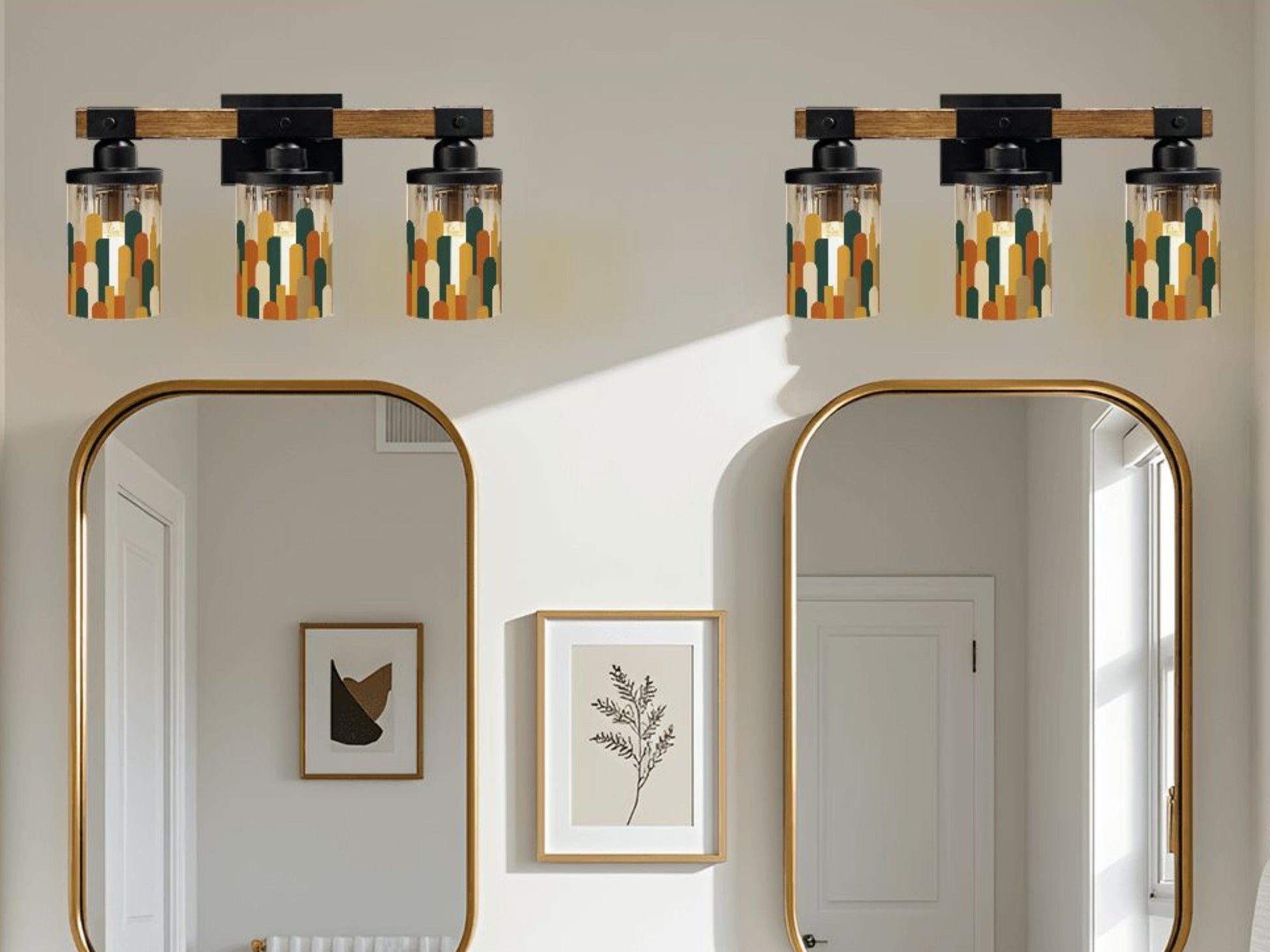 Luxury Bathroom Lighting MCM Vanity Light Fixture 3-Light Decorative Metal & Glass Restroom Light Midcentury Modern City Skyline Sink Decor