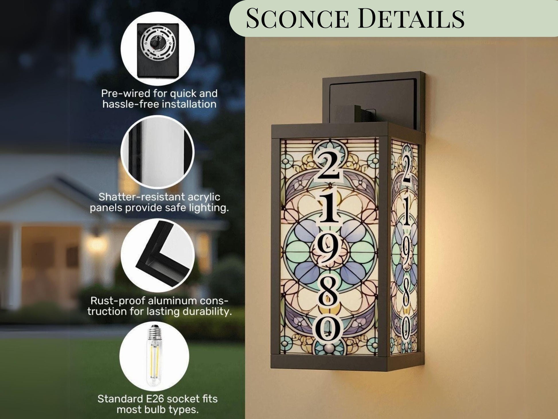 Porch Wall Light Personalized With House Number Stained Glass Wall Sconce Outdoor Lighting Fixture Custom Address Number Lamp Garage Sconce
