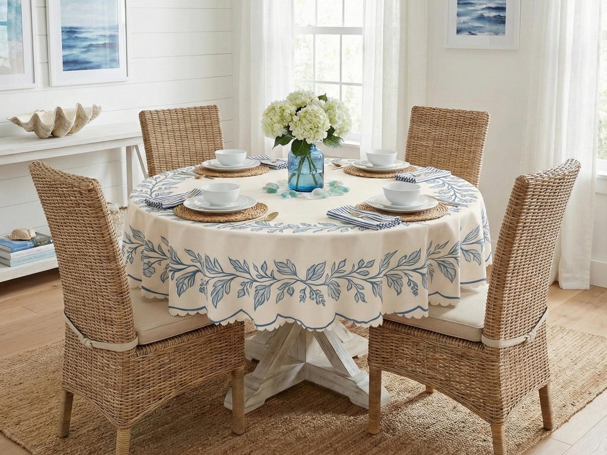 Floral Tablecloth Blue Beige Round 60in Scalloped Edge Lace Details For Dining Table Spill-Proof Beige Washable Fabric Table Cloth Dining