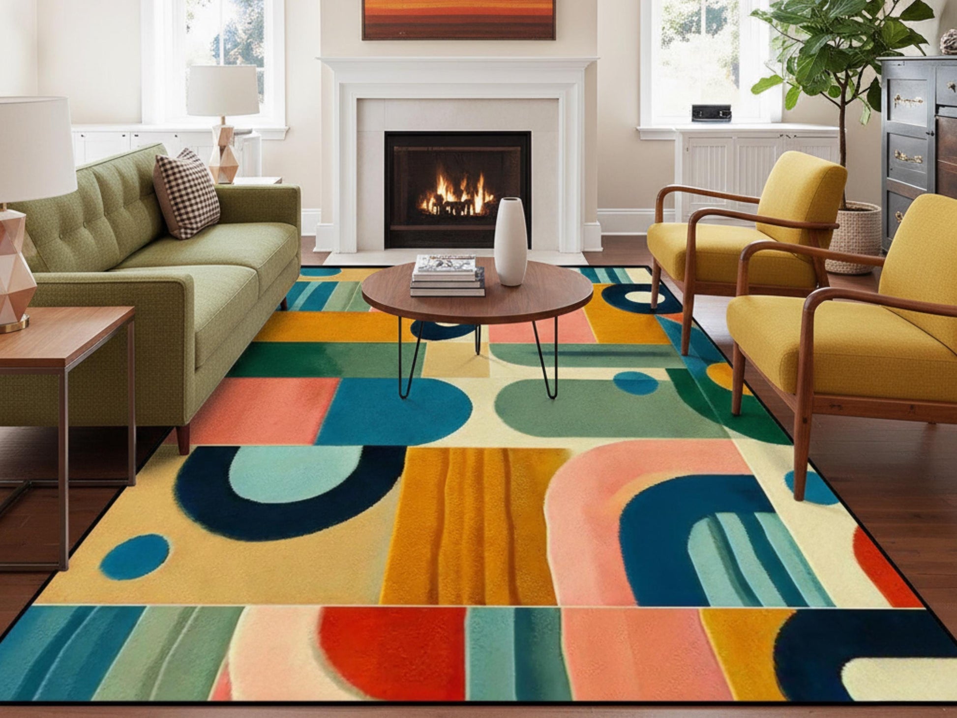 Large Area Rug Custom Size Midcentury Modern Living Room Rug Indoor MCM Design Carpet 96in x 120in Family Room Mid Mod Rug Soft Short Pile