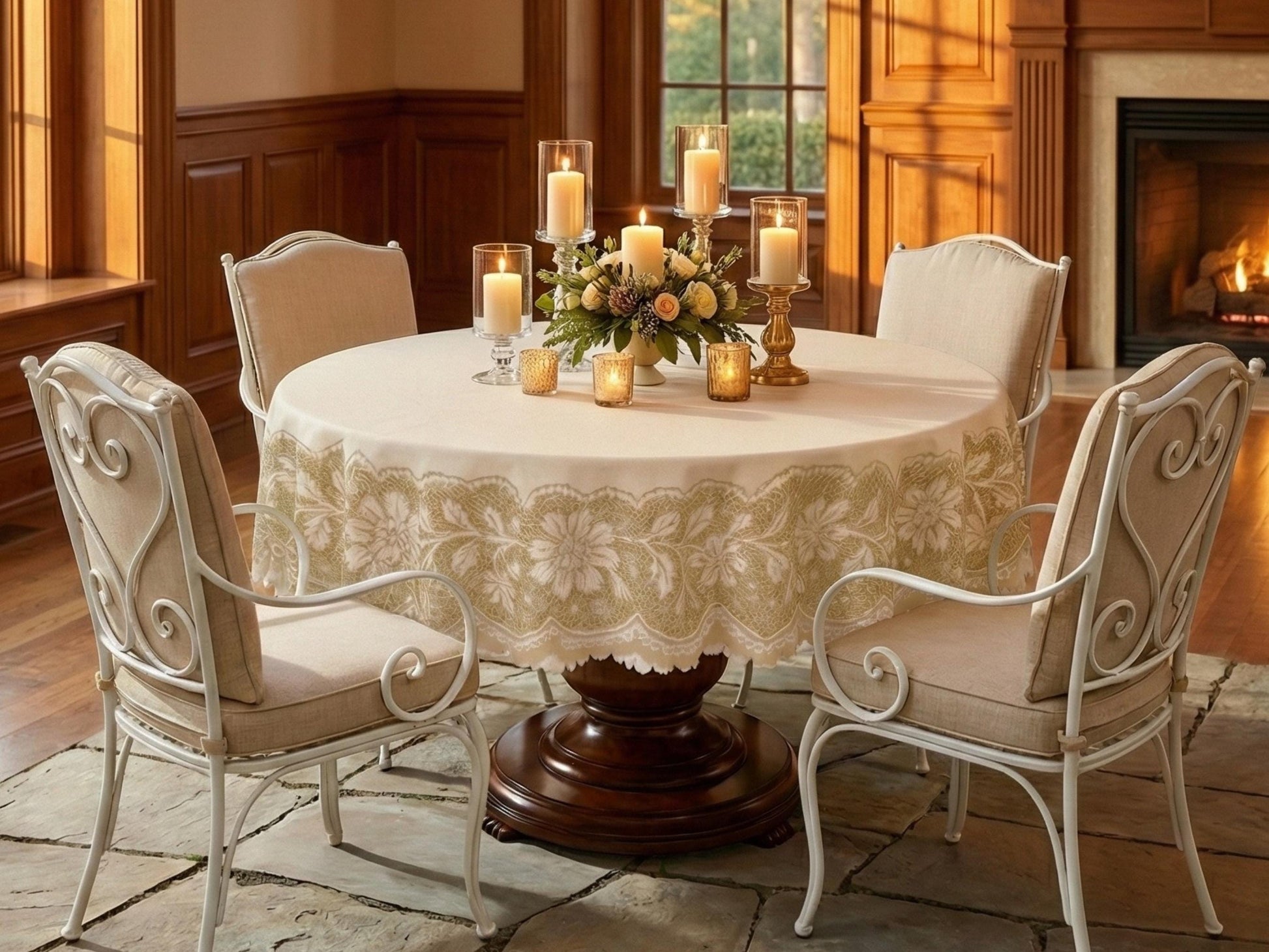 Round Floral Tablecloth With Scalloped Edge Lace Printed Detail Design Spill-Proof Elegant Washable Fabric Table Cloth For Dining Table