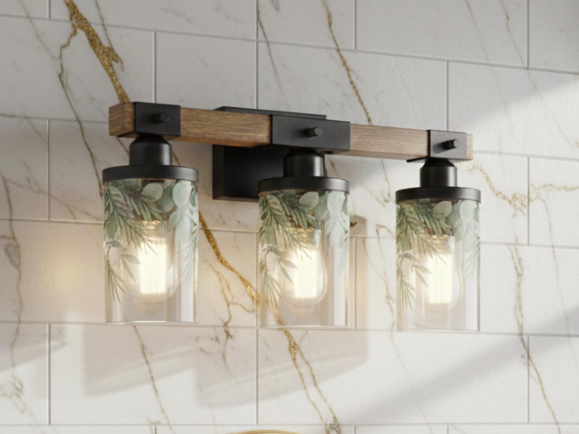 Bathroom Light Fixture Green Vanity Lighting  3-Light Decorative Metal & Glass Restroom Light Sage Greenery Pink Leaves Over Sink Decor
