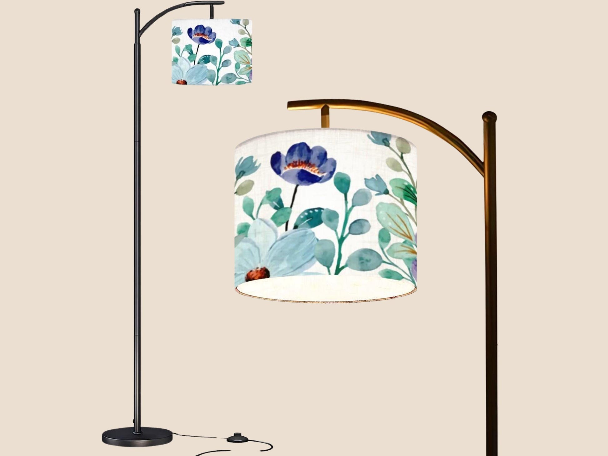 Arc Floor Lamp Modern Watercolor Blue Floral Living Room Lamp Gift Housewarming Gift Wildflower Design Bedroom Lighting Floor Lamp Gift Idea