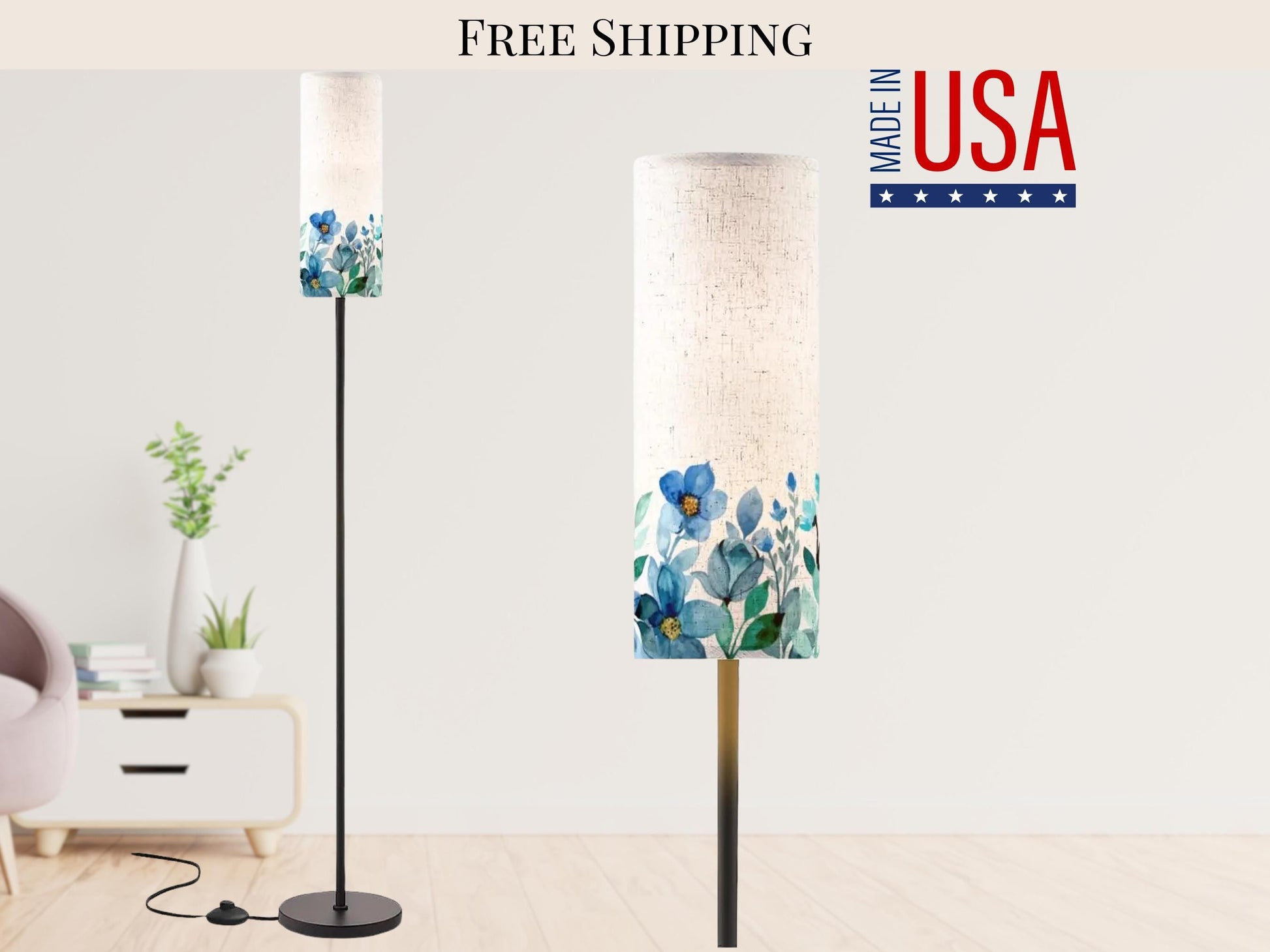 a modern living room with a tall floor lamp that has a white lampshade with a floral design. The lamp is placed on a wooden floor, and there is a white table with a plant and a vase on it. The background of the image is a white wall with a logo that says "FREE SHIPPING MADE IN USA".