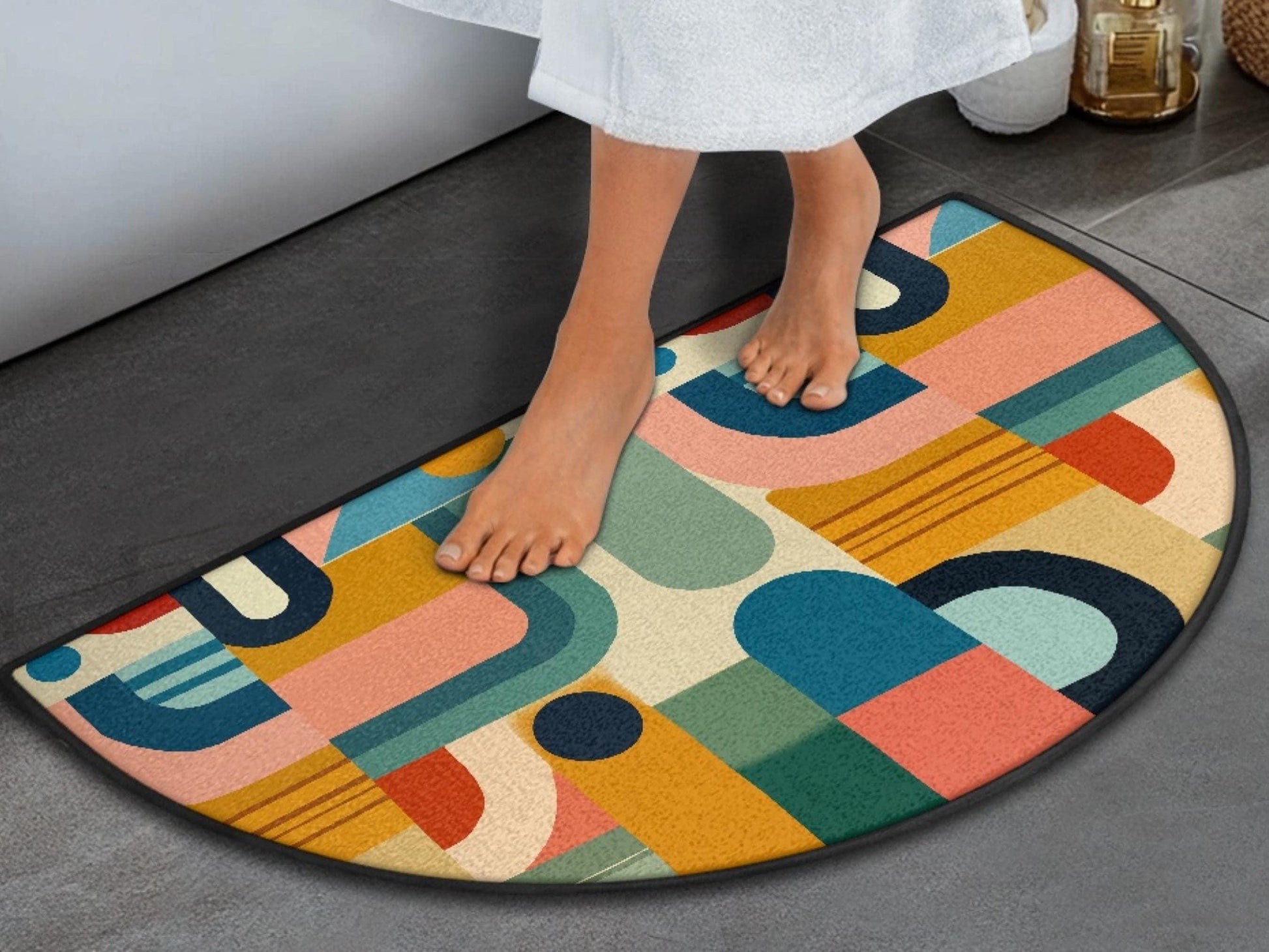 Midcentury Modern Entryway Rug Semi-Circle Colorful Rug Indoor MCM Design Carpet Accenty Welcome Mat Mid Mod Rug Soft Short Pile Midmod Rug