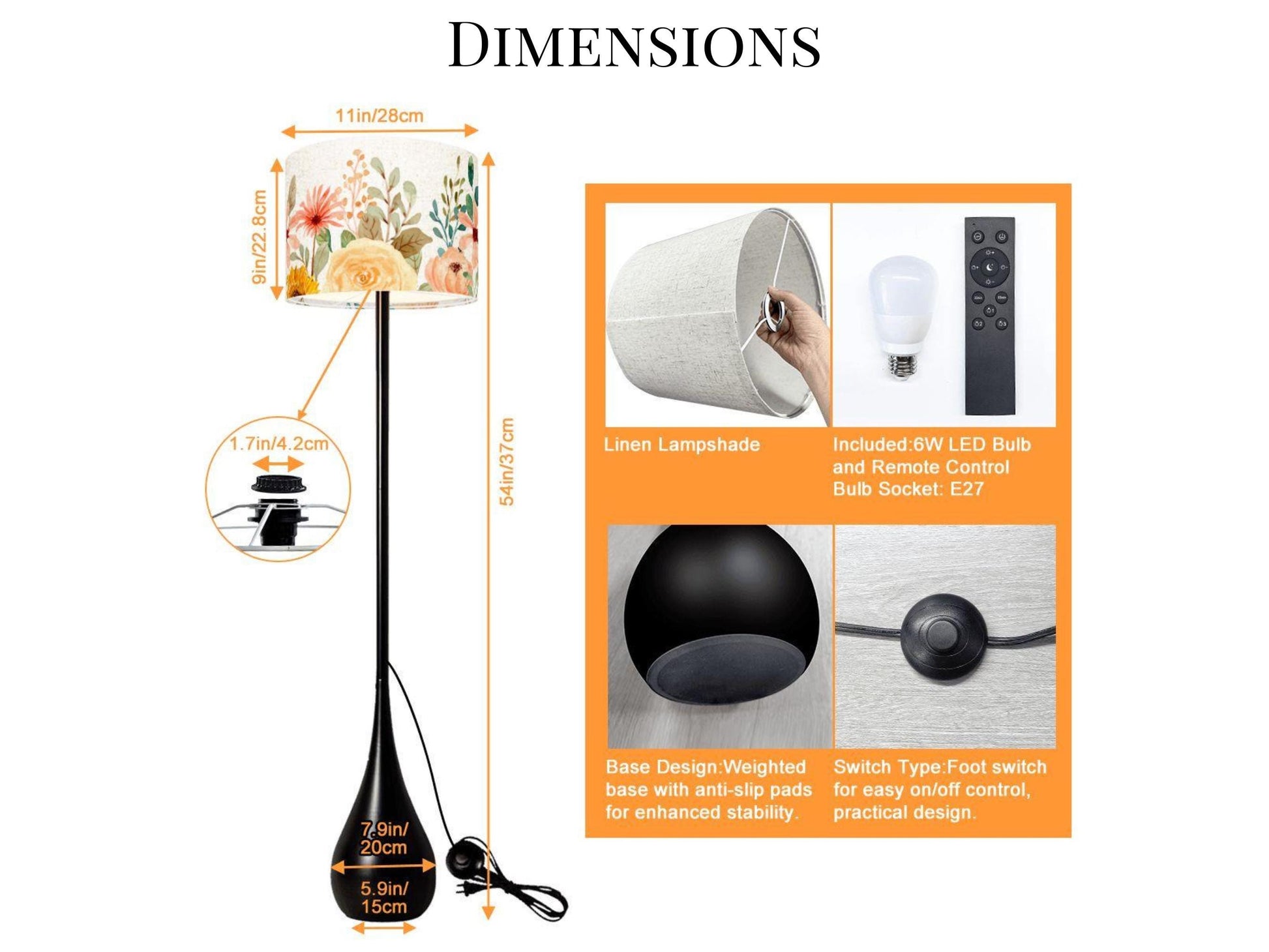 Floor Lamp Remote Control Boho Flower Teardrop Living Room Lamp Gift Housewarming Present Idea Watercolor Design Bedroom Lighting Floor Lamp