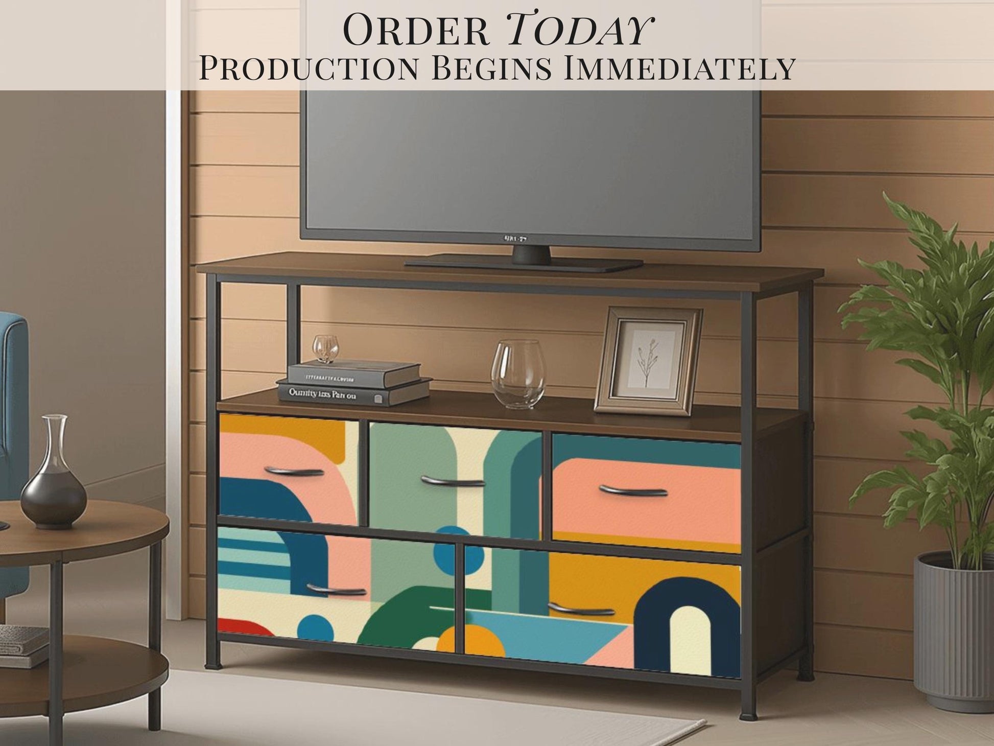 Made to Order Midcentury Modern TV Stand with Charging Station Colorful Abstract Drawer Media Console Mid Century Storage Cabinet Furniture