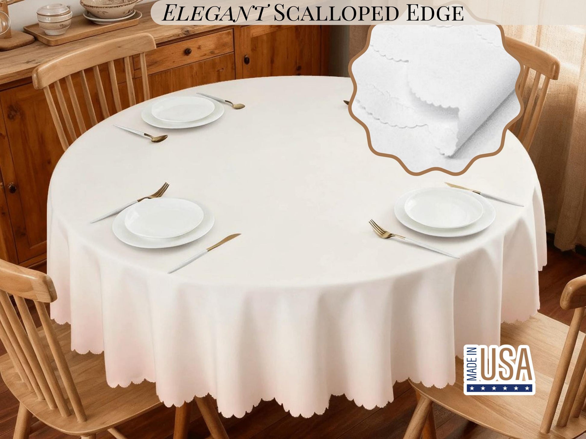 Elegant Tablecloth Beige Hombre Peach Tablecloth Scalloped Edge Lace Detail For Dining Table Spill-Proof Washable Table Cloth For Spring